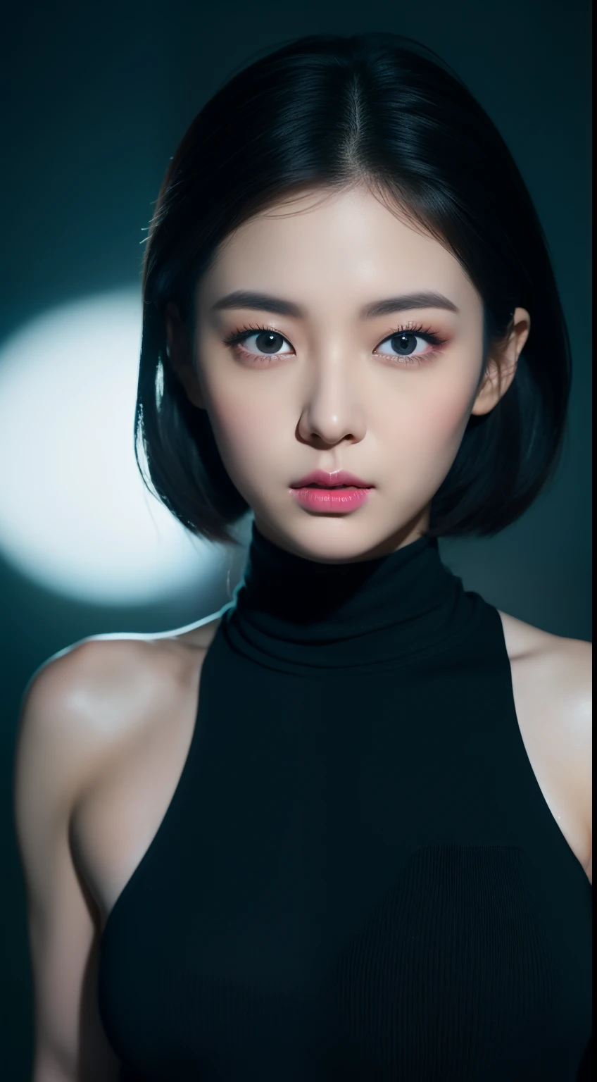 realistic photos of 1 cute Korean star, hair behind ears, white skin, thin makeup, 32 inch breasts size, wearing turtle neck top, under neon light, night, upper body portrait, Nikon, 85mm, f/16, UHD