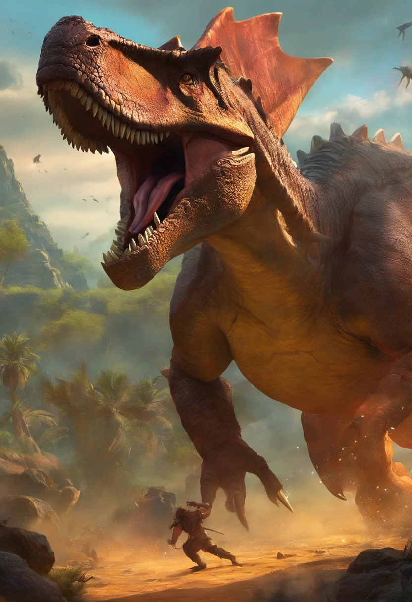 una feroz batalla entre un T-Rex y un triceratops, (La mejor calidad, 4k, Altas Resoluciones, Ultra detallado), Lucha intensa, rugidos y trompetas, Dusty prehistoric landscape, Sombras realistas, vivid colors, (Detallado, intrincado, elaborar) Escamas y texturas de dinosaurios, Dynamic Moves, (feroz, determinado) Expresiones en las caras de dinosaurios, (poderoso, muscular) Cuerpos, dientes afilados y cuernos, (big size ass, imponente) Size, (dramatic, dynamic) luci, (poderoso, energetic) Plantea, (tension, anticipation) En el aire,1 versus 1,sangre,cazando,defendiendose,lucha de vida o muerte