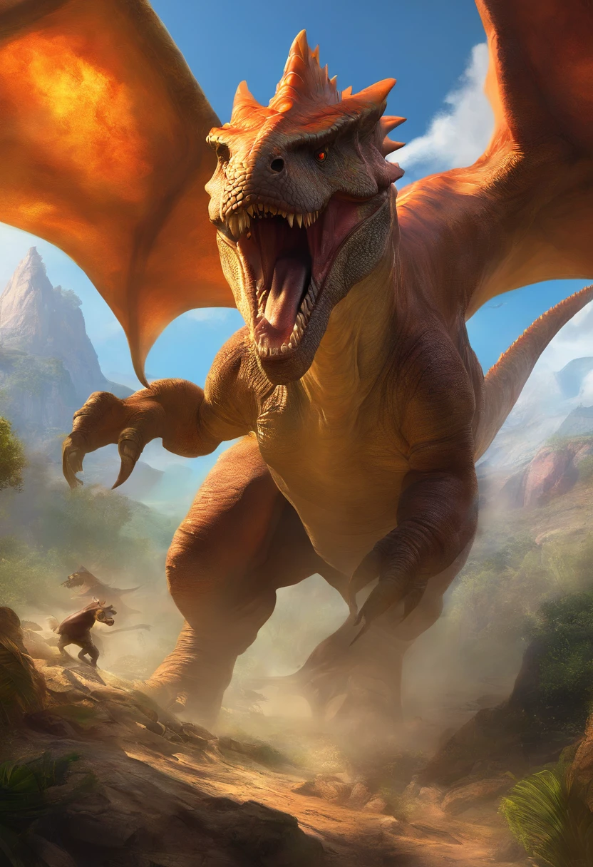 una feroz batalla entre un T-Rex y un triceratops, (La mejor calidad, 4k, Altas Resoluciones, Ultra detallado), Lucha intensa, rugidos y trompetas, Dusty prehistoric landscape, Sombras realistas, vivid colors, (Detallado, intrincado, elaborar) Escamas y texturas de dinosaurios, Dynamic Moves, (feroz, determinado) Expresiones en las caras de dinosaurios, (poderoso, muscular) Cuerpos, dientes afilados y cuernos, (big size ass, imponente) Size, (dramatic, dynamic) luci, (poderoso, energetic) Plantea, (tension, anticipation) En el aire,1 versus 1,sangre,cazando,defendiendose,lucha de vida o muerte