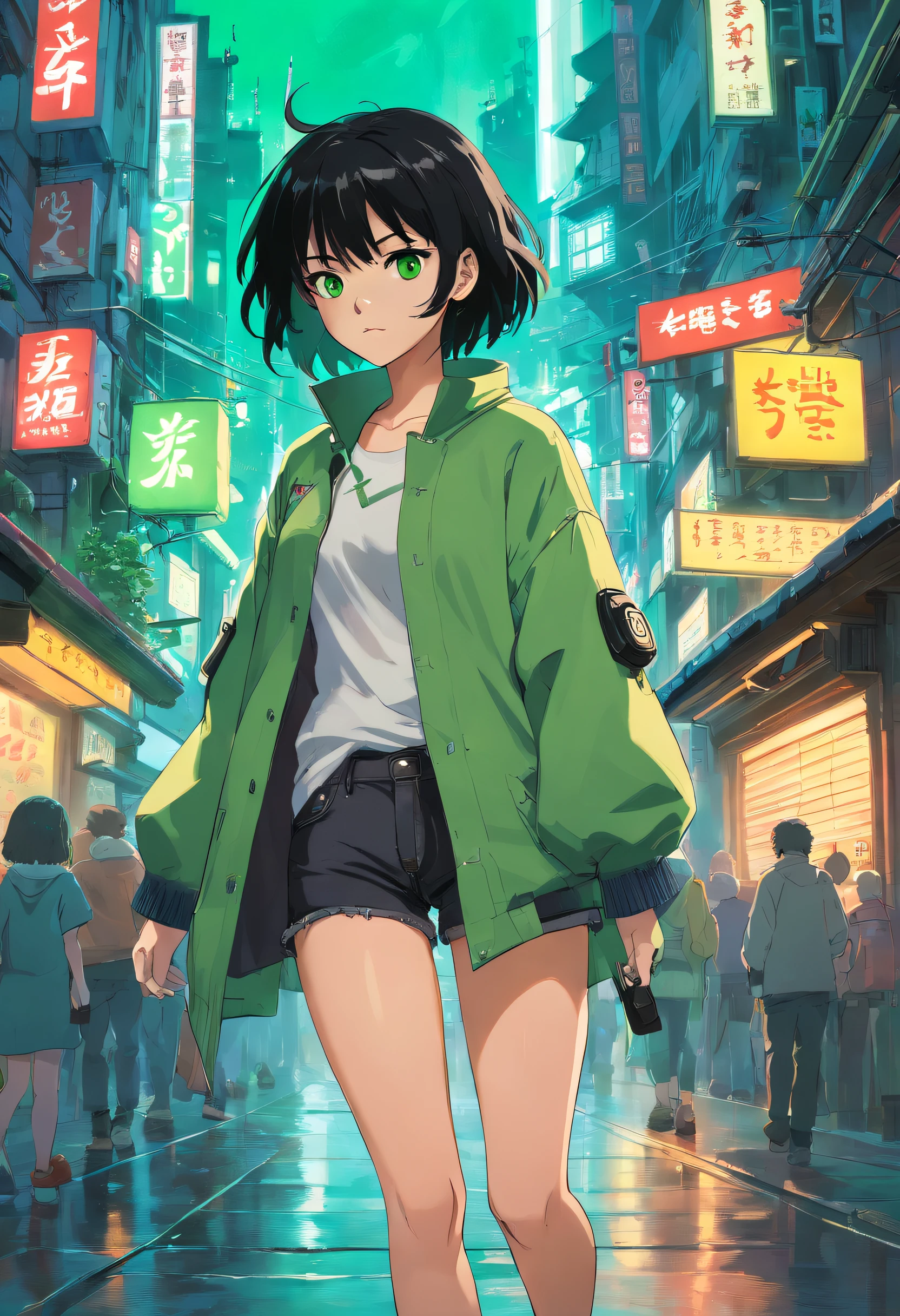 1girl in, (masutepiece), Black hair, Short hair, Green eyes, green coat, Black Short Jeans, Cyberpunk City,