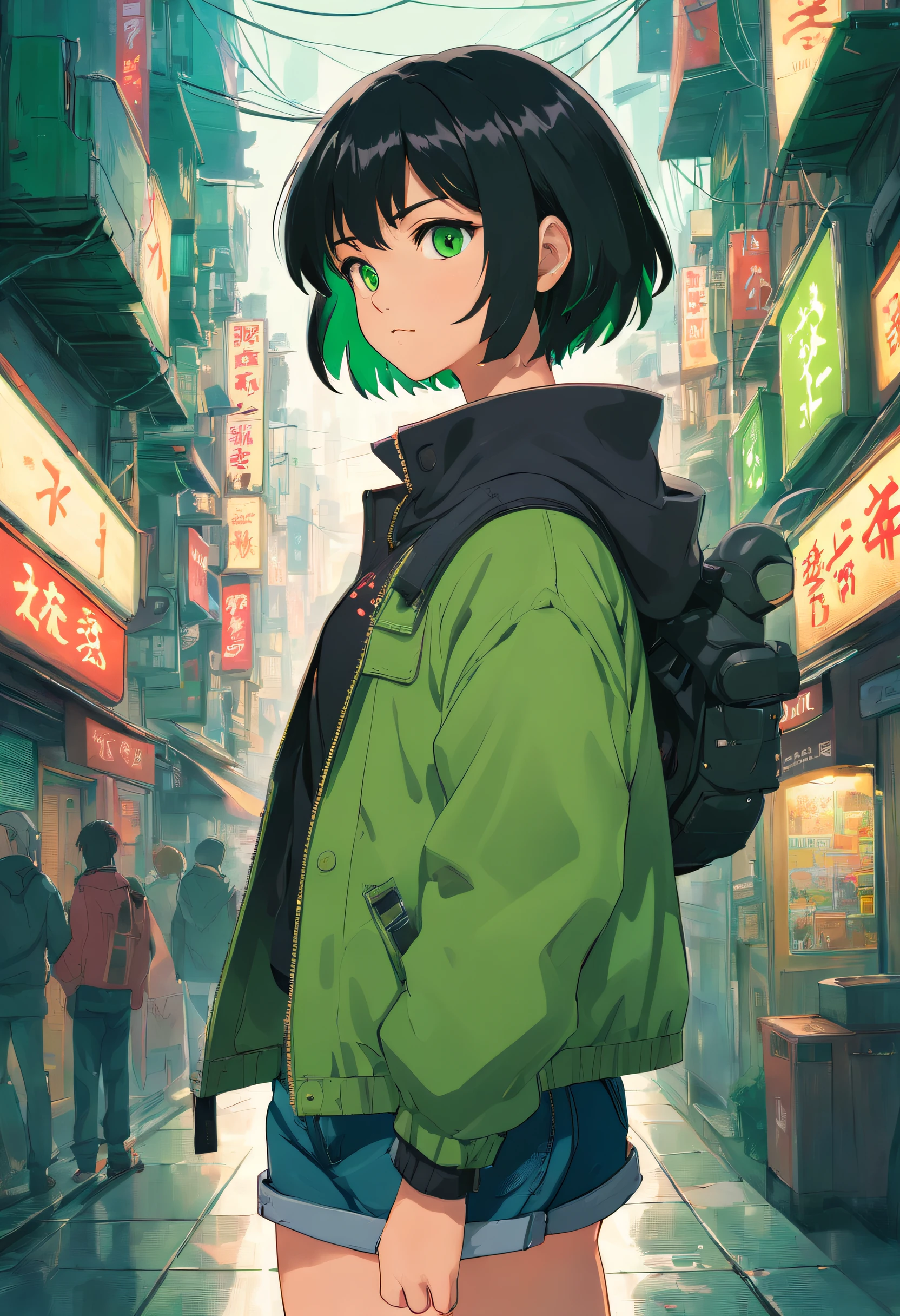 1girl in, (masutepiece), Black hair, Short hair, Green eyes, green coat, Black Short Jeans, Cyberpunk City,