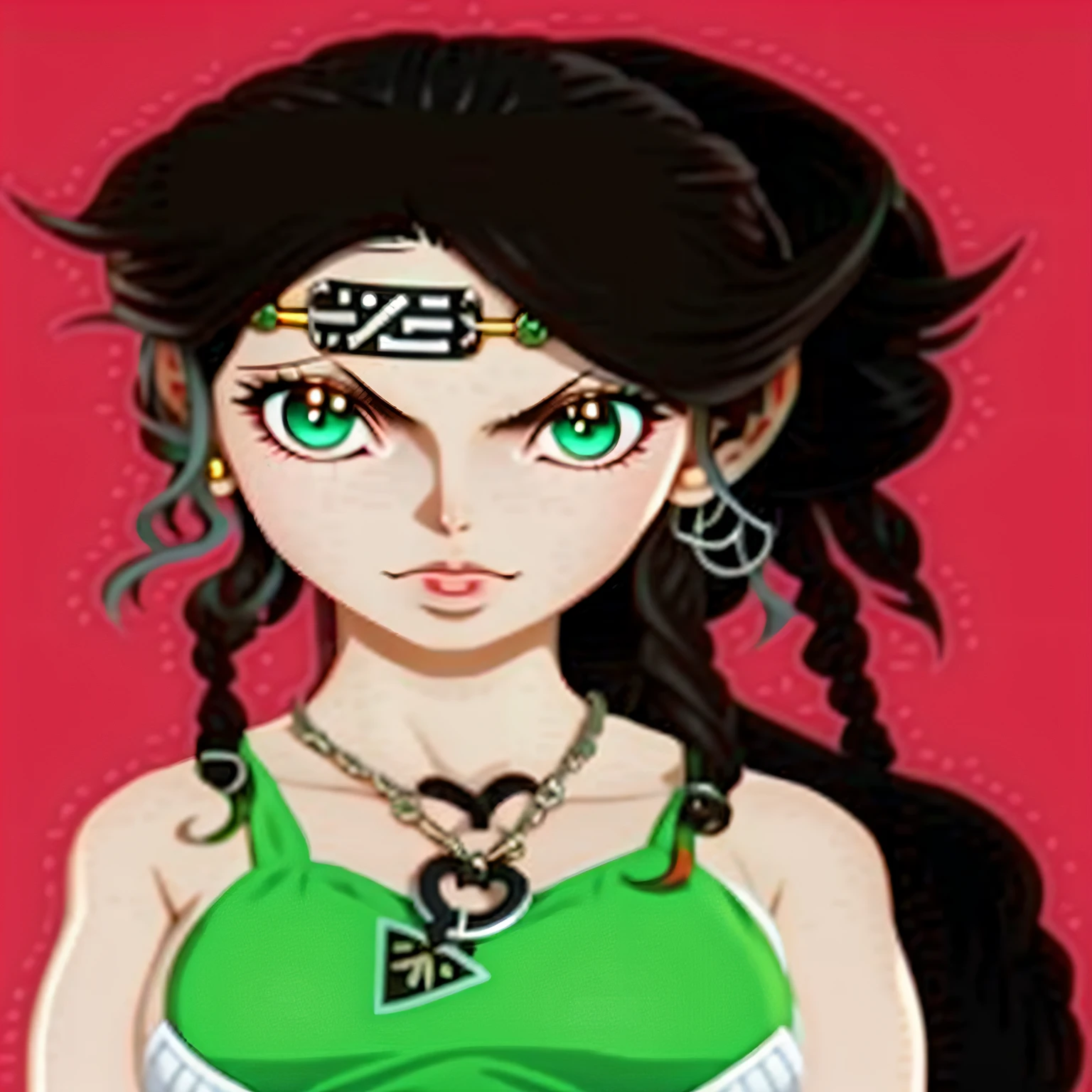 Menina dos desenhos animados com vestido verde e cabelo preto na frente de um fundo vermelho, Anime estilo Jojo, godess do mal, Aeon Estilo Flow, in a mixed style of æon flux, 1 7 - year - old anime goth girl, assemelhando-se a uma mistura de grimes, Nezuko, Nezuko-chan, Nico Robin, evil princess