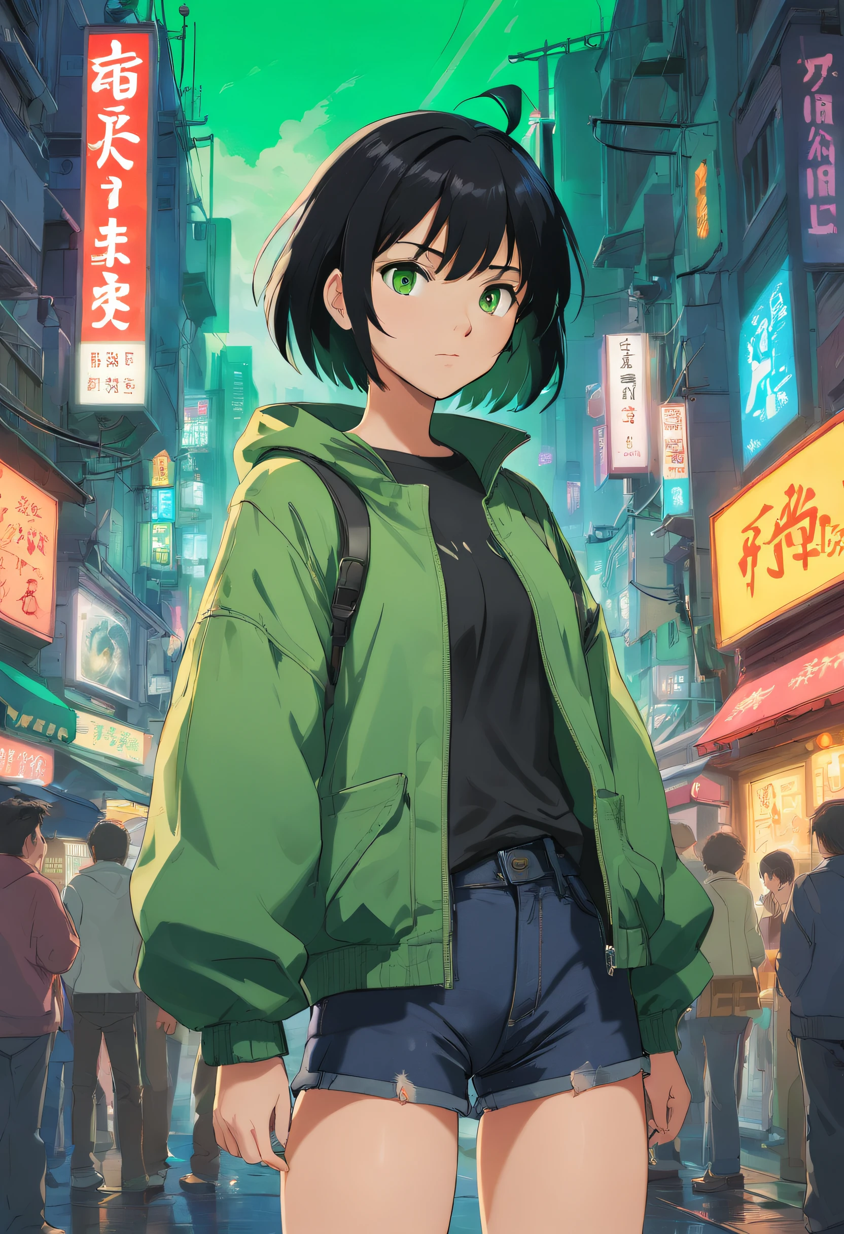 1girl in, (masutepiece), Black hair, Short hair, Green eyes, green coat, Black Short Jeans, Cyberpunk City,