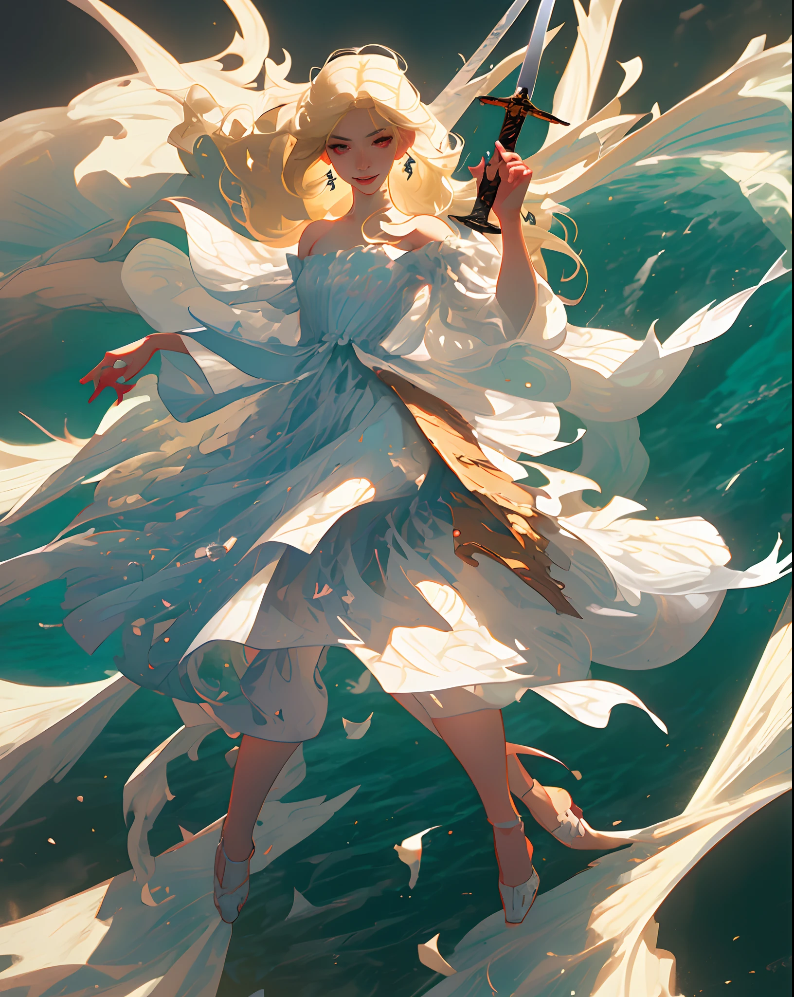 (masutepiece), ((Highest Quality)), (super detailed), ((Very delicate and beautiful)), (Incredibly absurd))), (Perfect body))), 1 girl, Glowing White Particles, Fighting, Holding_Sword, Blonde Bob, Red Eyes, Seventeen years old, plein air, skyporn, Aurawhole body, Big, White tattered dress, Bare shoulders, Small Smile, Sea + Background, Wind, Perfect hands, Hand Details, Modified finger. earrings, up looking_で_viewer, Cowboy Shots, rich detail, Perfect image quality