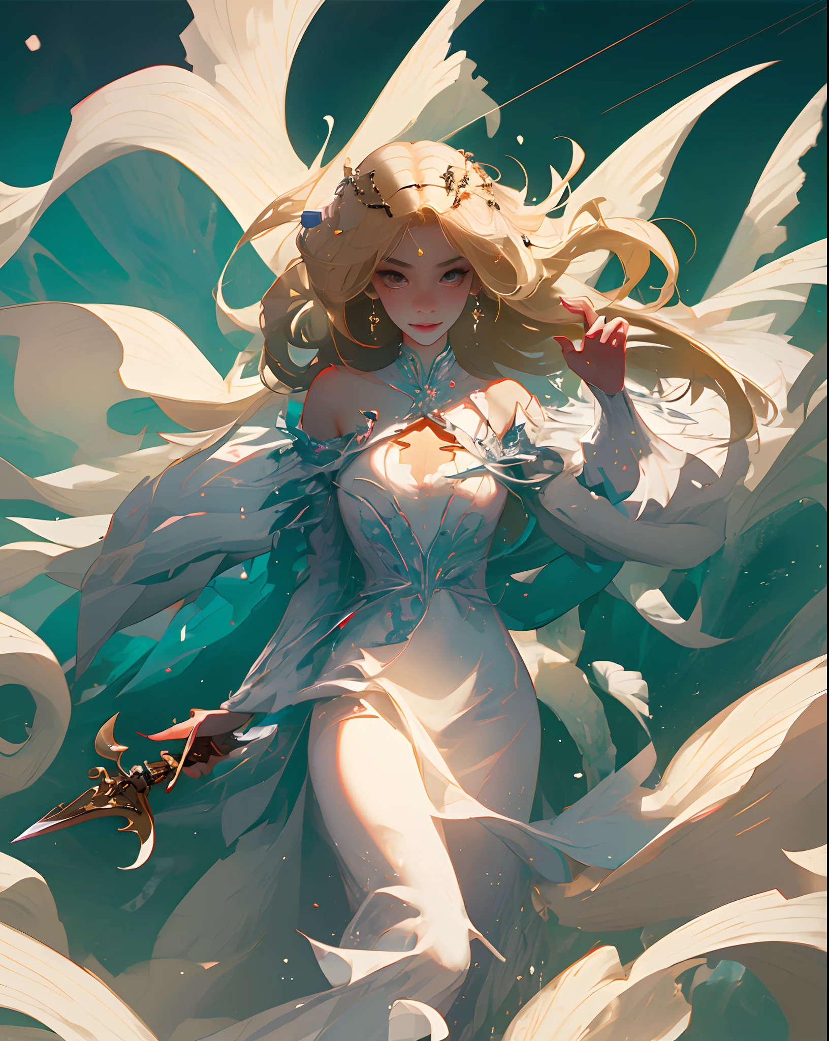 (masutepiece), ((Highest Quality)), (super detailed), ((Very delicate and beautiful)), (Incredibly absurd))), (Perfect body))), 1 girl, Glowing White Particles, Fighting, Holding_Sword, Blonde Bob, Red Eyes, Seventeen years old, plein air, skyporn, Aurawhole body, Big, White tattered dress, Bare shoulders, Small Smile, Sea + Background, Wind, Perfect hands, Hand Details, Modified finger. earrings, up looking_で_viewer, Cowboy Shots, rich detail, Perfect image quality