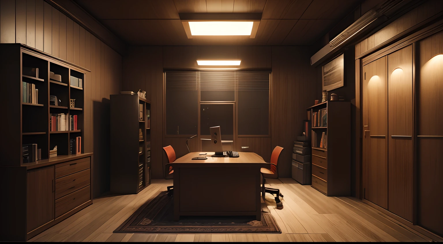 there is a desk with a computer on it in a room, a wooden bookshelf with a door in the middle, fantasy style, appartment office, during the night time, dark atmosphere, dim room