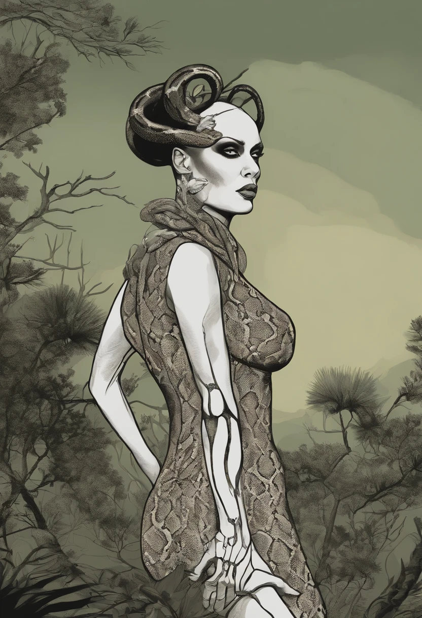 Medusa, comic panel, candid,((art style "Sean Gordon Murphy" comic drawing, splash panel)), snake skin dress, (background, pine barrens, entropy, rewilding, magic hour nautical twilight), body drawn in Frederic Delavier musculature anatomical illustration art style, (face, ornate black metal corpse paint, resembles Grace Jones), silhouette, full body portrait, (body, Naga, snakefolk, lower body snake tail, snake woman hybrid, bald, hairless, skeleton, snake skin tattoos, piercing eyes, snake pupils), craftsmanship nuance, full body portrait, (colors, forest green to earth brown, merge bleak muted deep fiery radiant glowing CMYK hues, (horror, abstract, surreal, body, cosmic), (art style Gerardo Zaffino charcoal), double exposure, optical illusion, nyctophobia, subliminal orchids, unfinished,