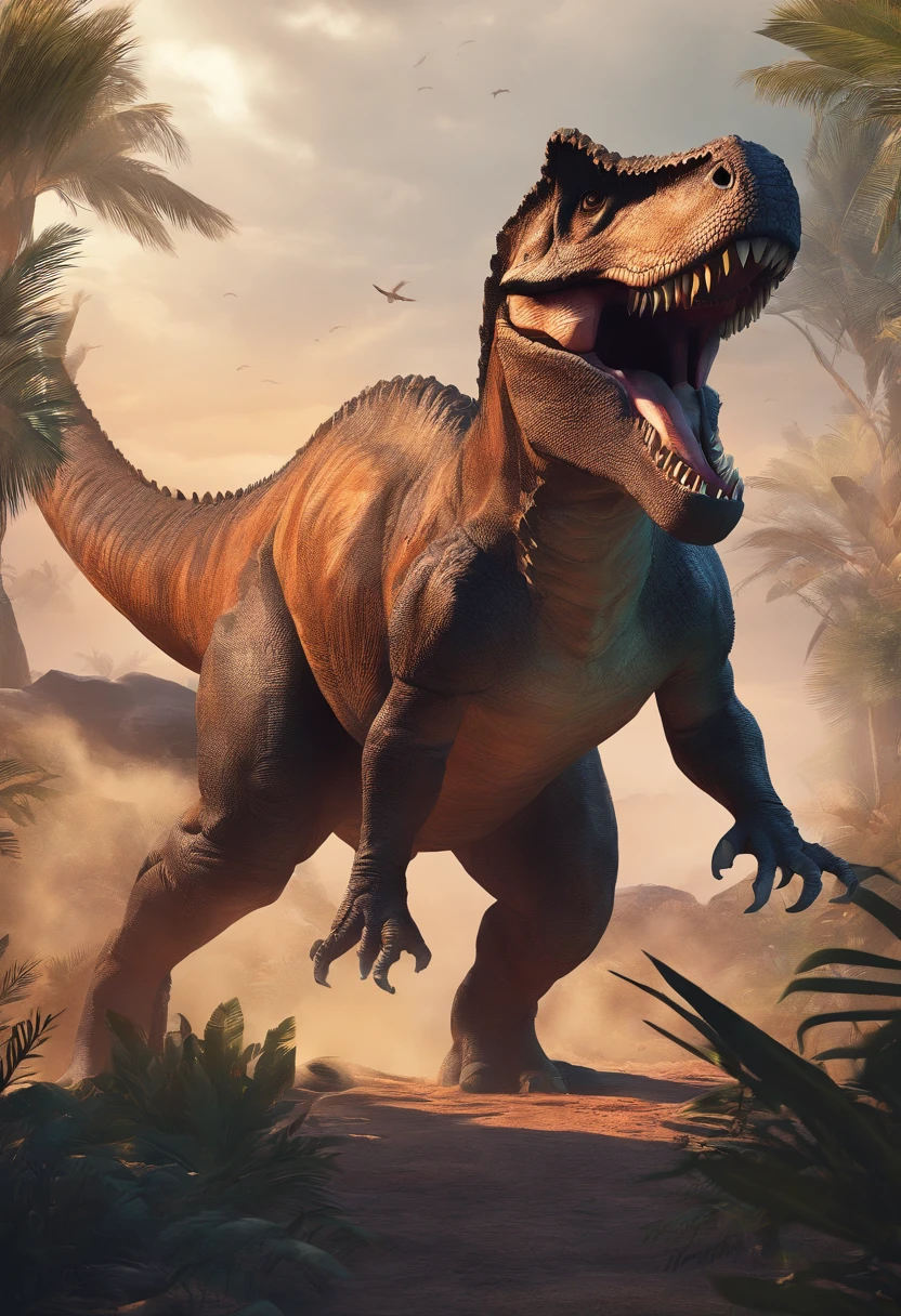 una feroz batalla entre un T-Rex y un triceratops, (La mejor calidad, 4k, Altas Resoluciones, Ultra detallado), Lucha intensa, rugidos y trompetas, Dusty prehistoric landscape, Sombras realistas, vivid colors, (Detallado, intrincado, elaborar) Escamas y texturas de dinosaurios, Dynamic Moves, (feroz, determinado) Expresiones en las caras de dinosaurios, (poderoso, muscular) Cuerpos, dientes afilados y cuernos, (big size ass, imponente) Size, (dramatic, dynamic) luci, (poderoso, energetic) Plantea, (tension, anticipation) En el aire,1 versus 1,sangre,cazando,defendiendose,lucha de vida o muerte