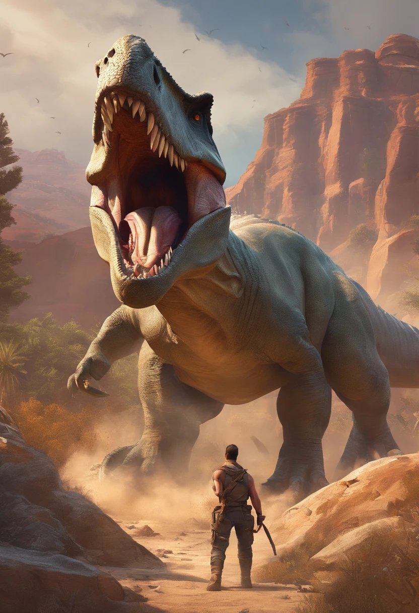una feroz batalla entre un T-Rex y un triceratops, (La mejor calidad, 4k, Altas Resoluciones, Ultra detallado), Lucha intensa, rugidos y trompetas, Dusty prehistoric landscape, Sombras realistas, vivid colors, (Detallado, intrincado, elaborar) Escamas y texturas de dinosaurios, Dynamic Moves, (feroz, determinado) Expresiones en las caras de dinosaurios, (poderoso, muscular) Cuerpos, dientes afilados y cuernos, (big size ass, imponente) Size, (dramatic, dynamic) luci, (poderoso, energetic) Plantea, (tension, anticipation) En el aire,1 versus 1,sangre,cazando,defendiendose,lucha de vida o muerte