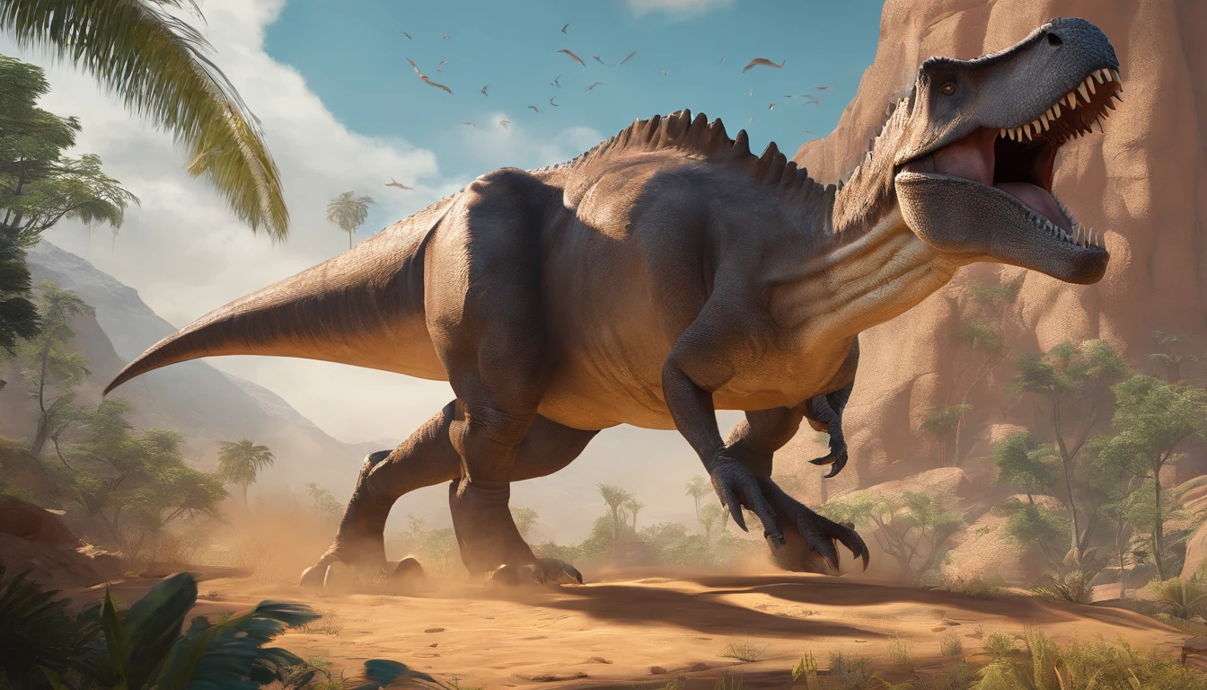 una feroz batalla entre un T-Rex y un triceratops, (La mejor calidad, 4k, Altas Resoluciones, Ultra detallado), Lucha intensa, rugidos y trompetas, Dusty prehistoric landscape, Sombras realistas, vivid colors, (Detallado, intrincado, elaborar) Escamas y texturas de dinosaurios, Dynamic Moves, (feroz, determinado) Expresiones en las caras de dinosaurios, (poderoso, muscular) Cuerpos, dientes afilados y cuernos, (big size ass, imponente) Size, (dramatic, dynamic) luci, (poderoso, energetic) Plantea, (tension, anticipation) En el aire,1 versus 1,sangre,cazando,defendiendose,lucha de vida o muerte