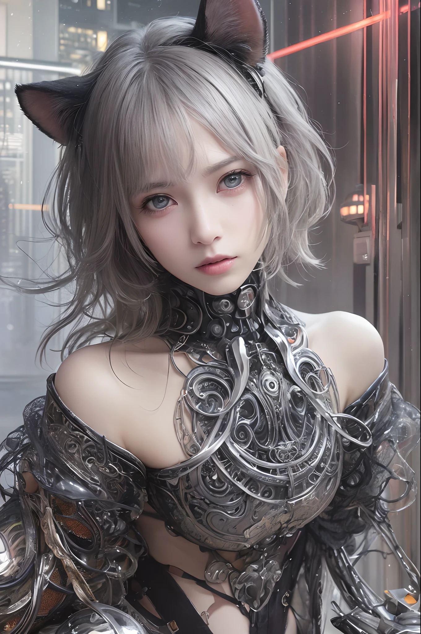 top-quality、masterpiece、超A high resolution、(Photorealsitic:1.4)、Raw photo、co-sleeping、Gray tones、Romo、((Ambient Dimming))、garl、(Gray hair bob cut)、glowy skin、1 Mechanical Girl、((super realistic details))、portlate、globalillumination、Shadow、octan render、8K、ultrasharp、Raw skin is exposed in cleavage、metals、highly intricate detail、Realistic light、CGSoation Trends、a purple eye、radiant eyes、Facing the camera、blood vessels connected to tubes、mechanical cervical attaching to neck、sitting on、Wires and cables connecting to the head、Small LED lamp、(cyberpunk backgrouns)、Black Dress、Cat's ears、Black Ring、Shoulders exposed、((Metal Chrome))、Gemstones are black、greys、Light from one direction、shadowy