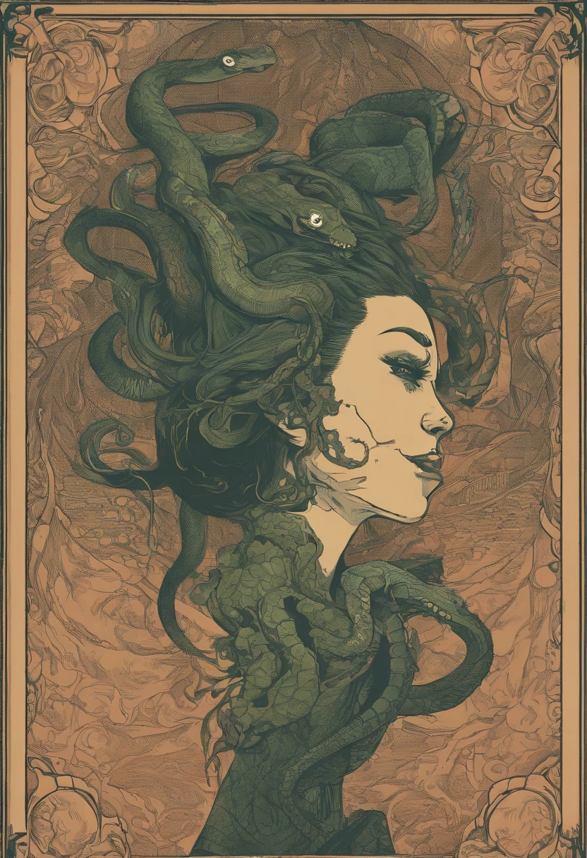 Medusa, comic panel, candid,((art style "Sean Gordon Murphy" comic drawing, splash panel)), snake skin dress, (background, pine barrens, entropy, rewilding, magic hour nautical twilight), body drawn in Frederic Delavier musculature anatomical illustration art style, (face, ornate black metal corpse paint, resembles Grace Jones), silhouette, full body portrait, (body, Naga, snakefolk, lower body snake tail, snake woman hybrid, bald, hairless, skeleton, snake skin tattoos, piercing eyes, snake pupils), craftsmanship nuance, full body portrait, (colors, forest green to earth brown, merge bleak muted deep fiery radiant glowing CMYK hues, (horror, abstract, surreal, body, cosmic), (art style Gerardo Zaffino charcoal), double exposure, optical illusion, nyctophobia, subliminal orchids, unfinished,