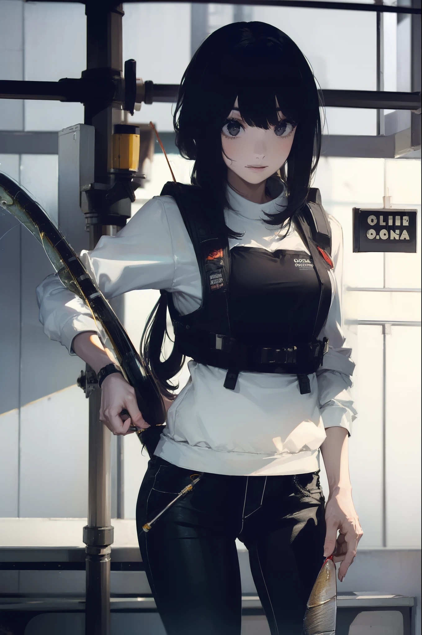 ((((Have a fishing rod with a reel:1.5)))),((Female 28 years old)),((Best Quality:1.5)),(((Hands with the correct number and structure of fingers:1.4))),((Lakeside:1.37)),hight resolution,ultra-detailliert,​masterpiece,best qualtiy,(Eight-headed body),(1 fishing rod,Holding a fishing rod in your hand,Fishing lure rod,Fishing Reel,with long sleeve hood,Outdoor Vest,parka,Long pants for fishing,Big backpack),thin and long legs,Beautiful hip line,Beautiful spine,constricted back,Toned waist,beutiful breast),(Fine fingers、Ratio 4 fingers and 1 thumb、detailed arms、detailed human hands),Gentle smile,shiny lip,(1 fishing rod,Straight stretch fishing rod,Long fishing rod,Woman fishing with fishing rod in hand),Black hair, long eyeslashes, Solid Circle Eyes, drop shadow, Atmospheric perspective,Super Detail, ccurate, small brest,(Black jacket and black jeans :1.1),top-quality, blurry backround, bokeh dof:1.2, (​masterpiece:1.3),  Atmospheric perspective,Super Detail,dynamic compositions, Ultra High Quality,
