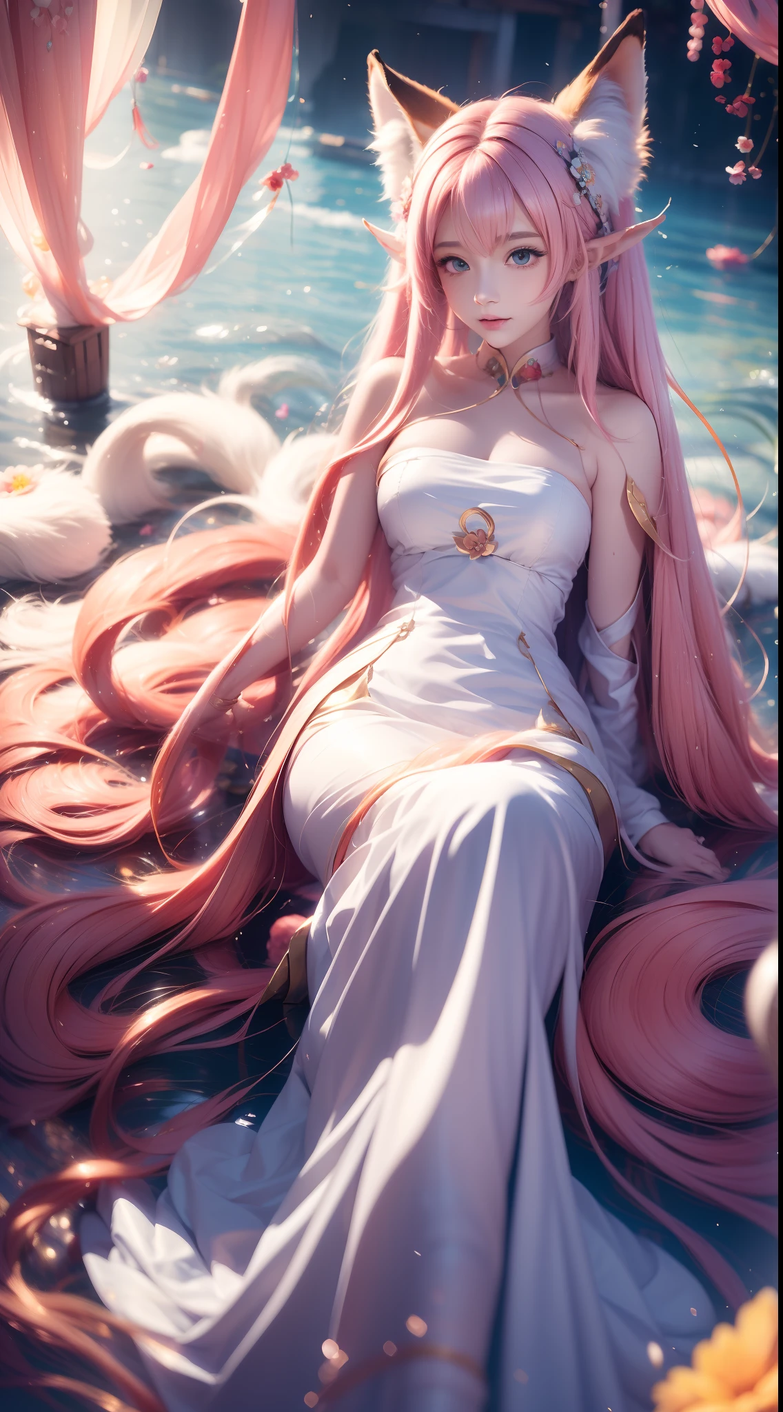 Nine snow-white fox tails (1.3), Milky white fox tail (1.0), Close-up of the nine-tailed fox, Nine Tails, Nine Tails, Anime girl with pink hair and pink dress，There are flowers on the hair, Very beautiful anime fox girl, Beautiful anime fox girl, beautiful fantasy anime, Guviz, Anime girl with fox ears, Beautiful anime girl, Very nice and cute fox girl, Pink flower rain, Background blur, style of anime4 K, Anime fantasy artwork, 4K anime wallpaper, Guviz-style artwork