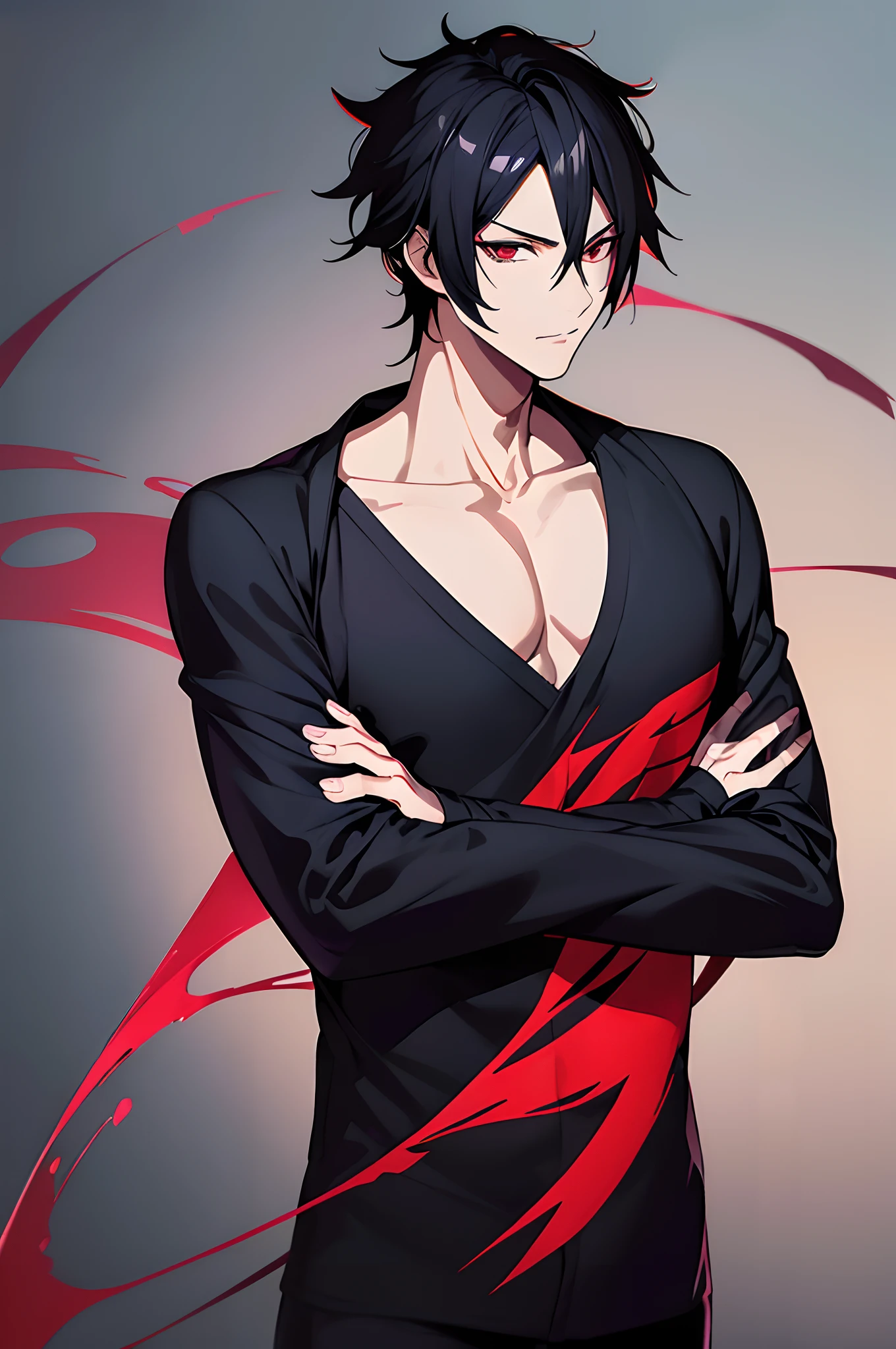 personagem de anime masculino, black middle hair, olhos vermelhos, camisa preta de manga comprida, black pants (master part, UHD 32k, Estilo de arte Yusuke Murata)