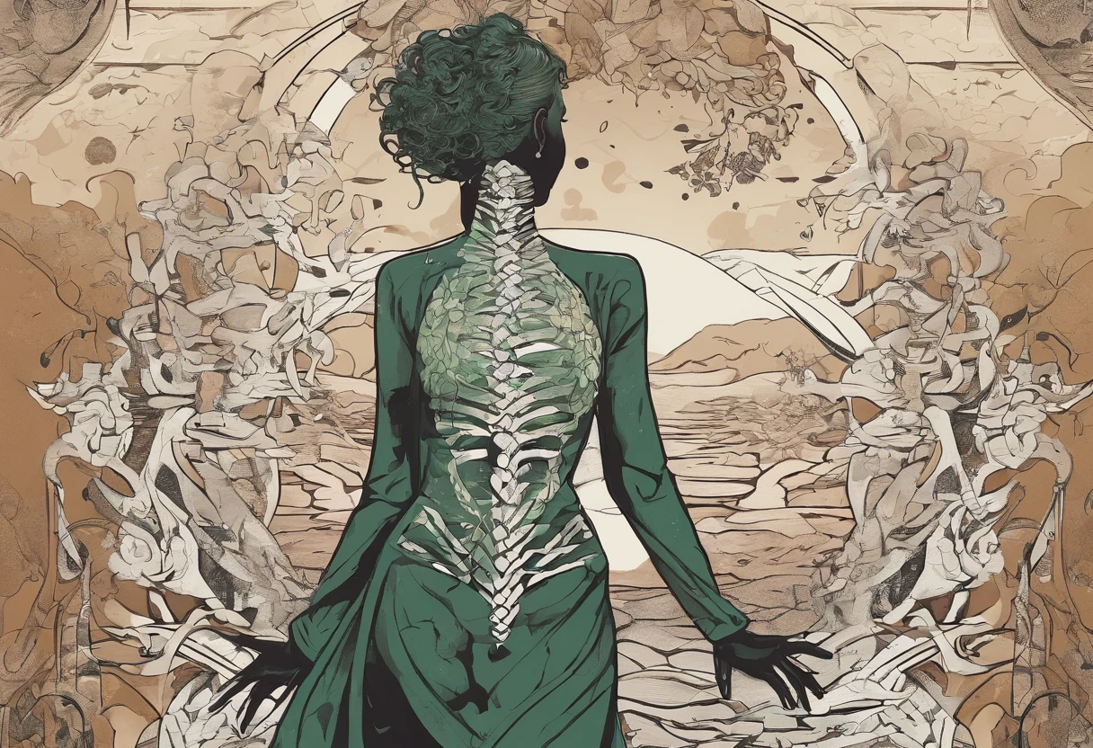 Medusa, comic panel, candid,((art style "Sean Gordon Murphy" comic drawing, splash panel)), snake skin dress, (background, pine barrens, entropy, rewilding, magic hour nautical twilight), body drawn in Frederic Delavier musculature anatomical illustration art style, (face, ornate black metal corpse paint, resembles Grace Jones), silhouette, full body portrait, (body, Naga, snakefolk, lower body snake tail, snake woman hybrid, bald, hairless, skeleton, snake skin tattoos, piercing eyes, snake pupils), craftsmanship nuance, full body portrait, (colors, forest green to earth brown, merge bleak muted deep fiery radiant glowing CMYK hues, (horror, abstract, surreal, body, cosmic), (art style Gerardo Zaffino charcoal), double exposure, optical illusion, nyctophobia, subliminal orchids, unfinished,