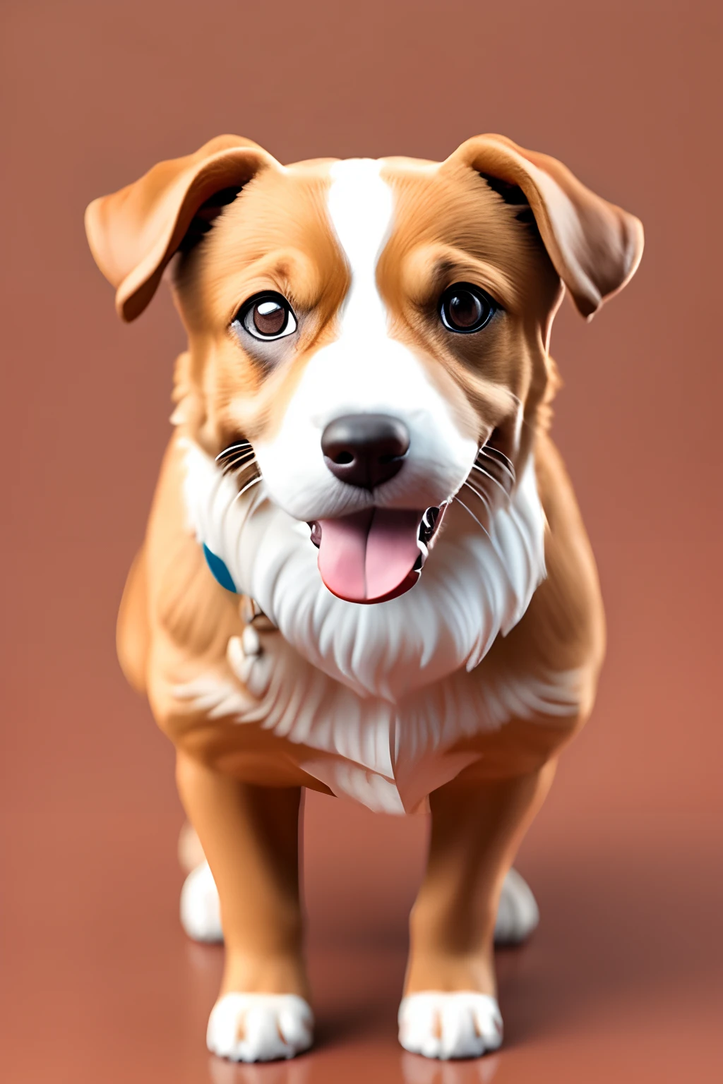 A dog turns white and brown tin on two paws and with its tongue out, 4k ,ultrarealista