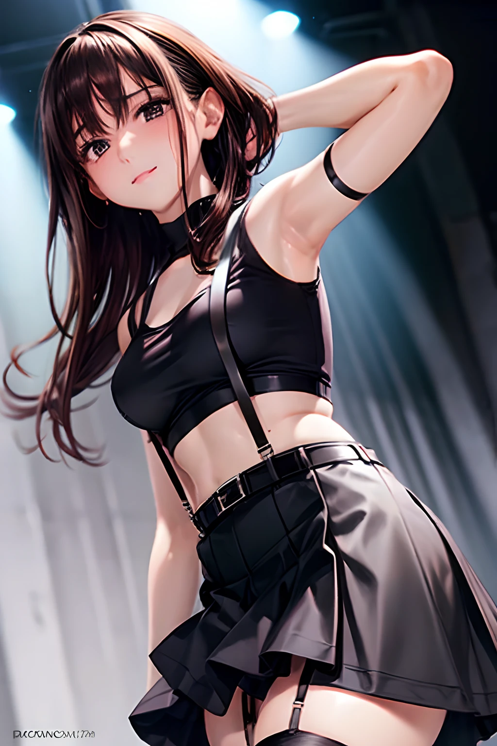 Black skirt, suspenders, Brown hair Gray eyes, Garter belt on the legs, Tight black clothes, a belt Armpit sweat Dark look Moderately breasts holster chain poneyTail Water wetting