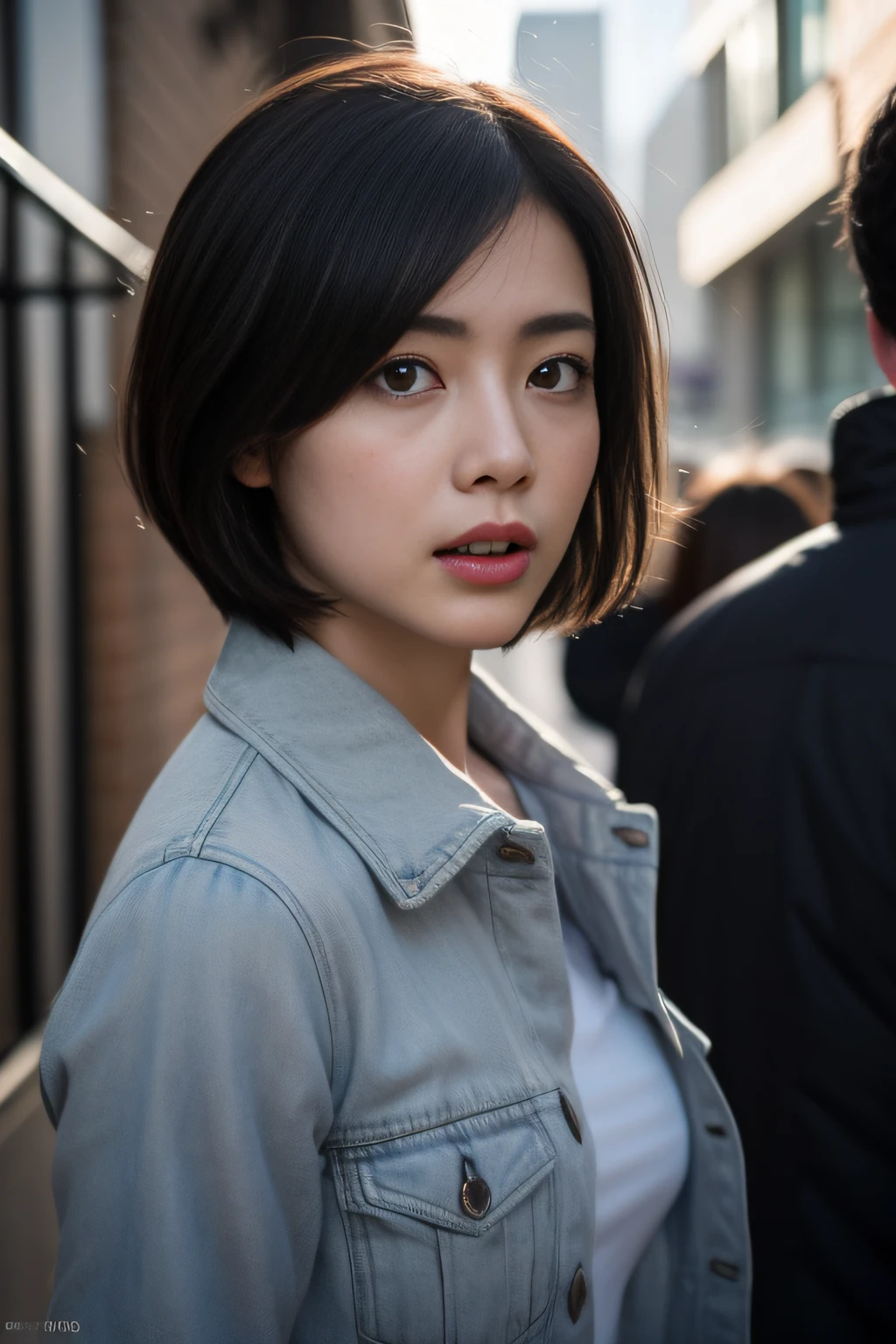 (8K、Raw photography、top-quality、masterpiece:1.2)、(realisitic、Photorealsitic:1.37)、1girl in、(japanes、Beautiful young woman)、Career Woman、short-hair、dark grey HAIR、Black eyes、Rugged face、white shirt、jaket、((Female version of Dirty Harry))、Hold a rotary pistol、「Stop!」and shout、Hunt down suspects、Japan Police Drama、A closeup of a woman、Wetty、profetional lighting、photon maping、Radio City、physically-based renderingt、Tense situation、in a street、cinematic photography、