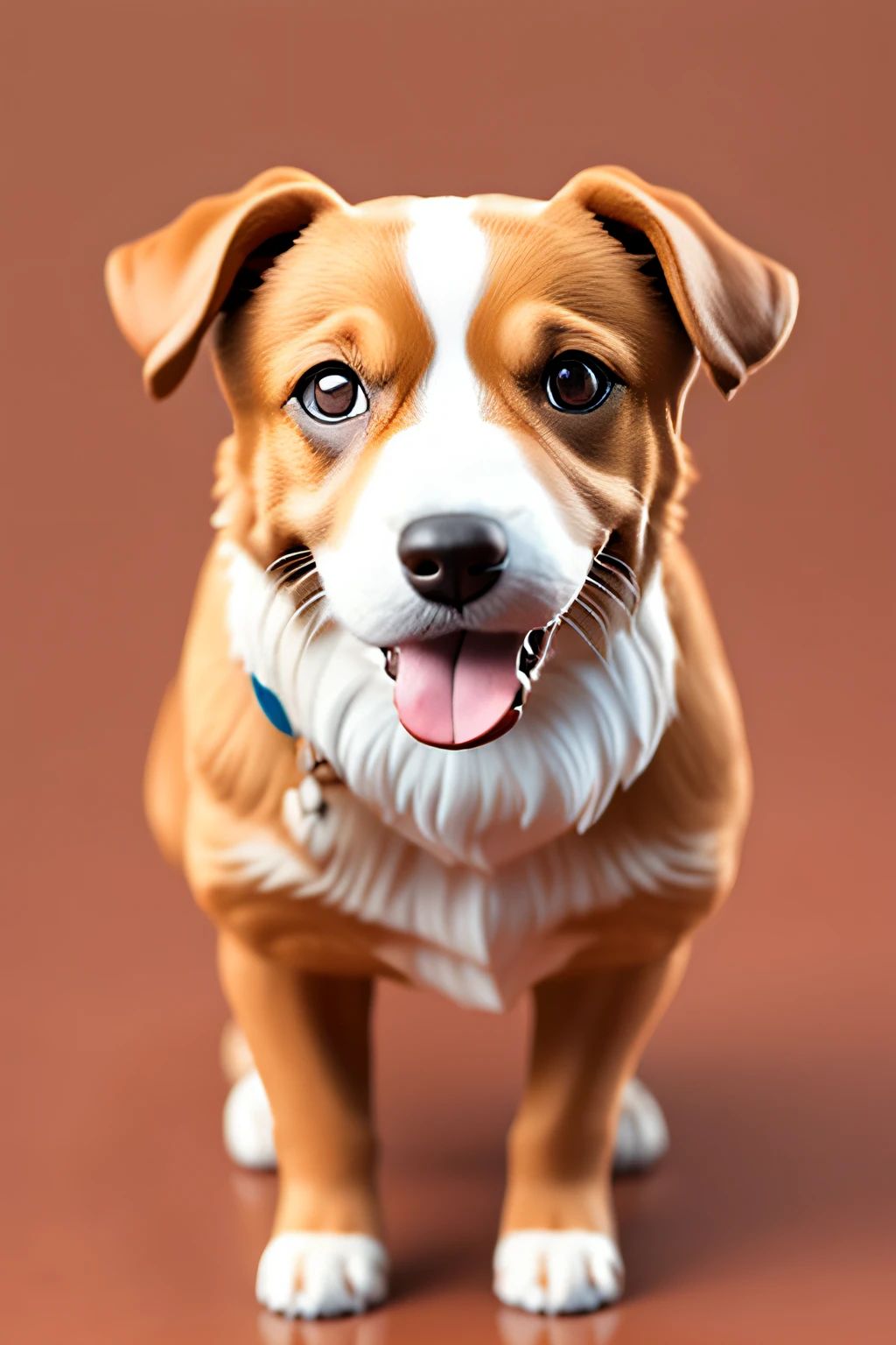 A dog turns white and brown tin on two paws and with its tongue out, 4k ,ultrarealista