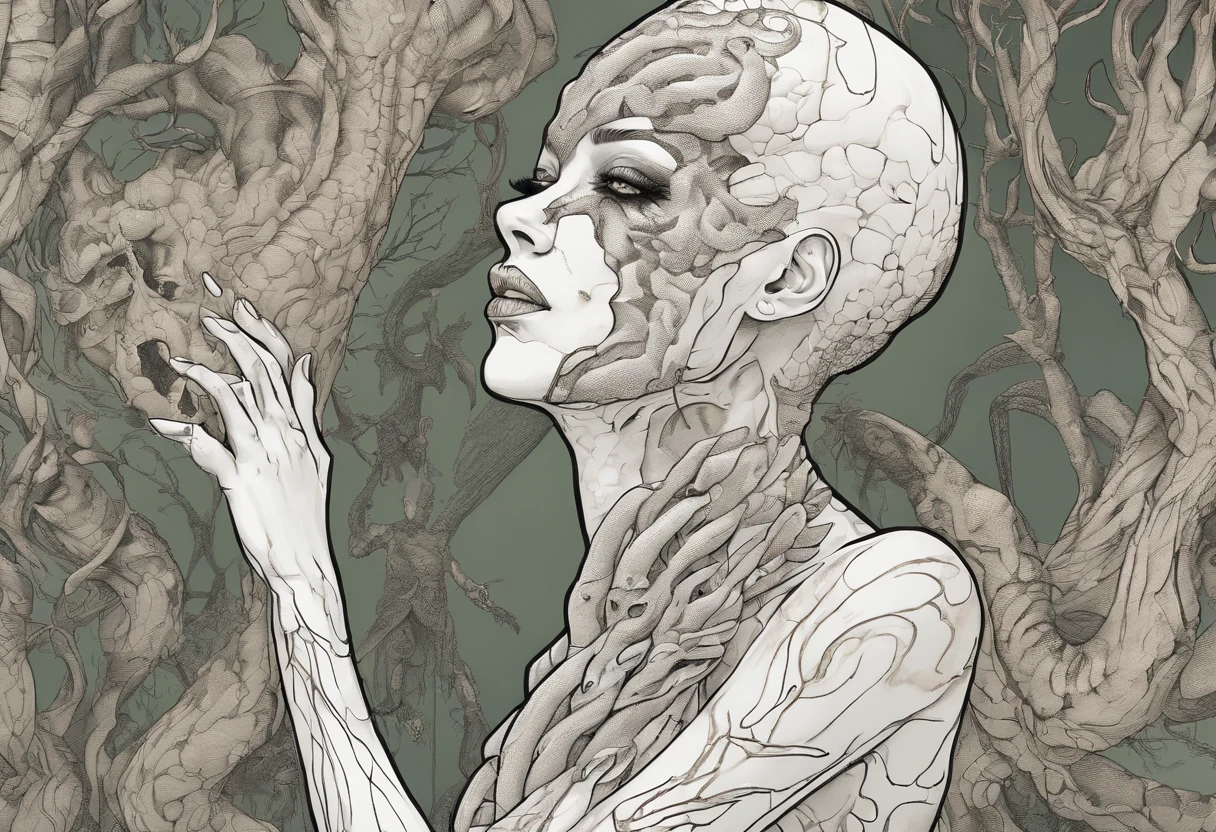 Medusa, comic panel, candid,((art style "Sean Gordon Murphy" comic drawing, splash panel)), snake skin dress, (background, pine barrens, entropy, rewilding, magic hour nautical twilight), body drawn in Frederic Delavier musculature anatomical illustration art style, (face, ornate black metal corpse paint, resembles Grace Jones), silhouette, full body portrait, (body, Naga, snakefolk, lower body snake tail, snake woman hybrid, bald, hairless, skeleton, snake skin tattoos, piercing eyes, snake pupils), craftsmanship nuance, full body portrait, (colors, forest green to earth brown, merge bleak muted deep fiery radiant glowing CMYK hues, (horror, abstract, surreal, body, cosmic), (art style Gerardo Zaffino charcoal), double exposure, optical illusion, nyctophobia, subliminal orchids, unfinished,