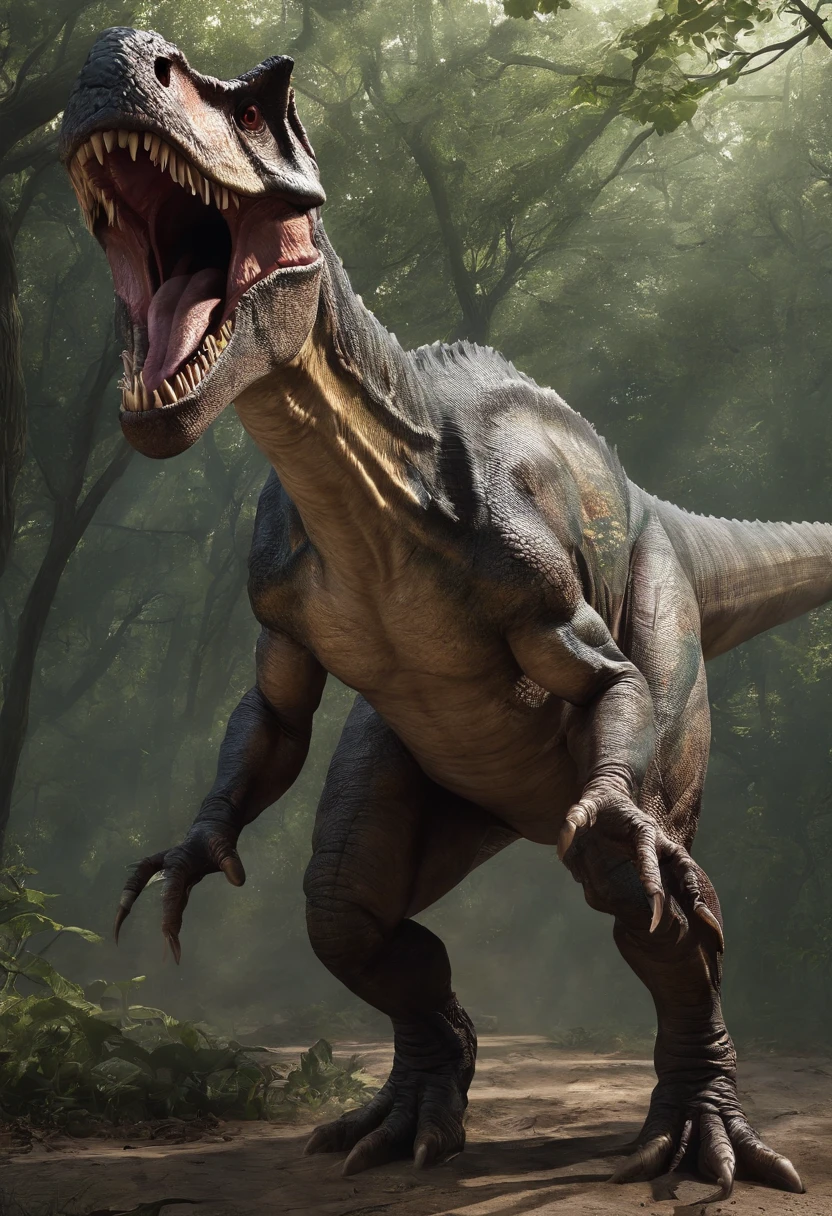 Male albino crocodile human hybrid, scarring, terrifying, angry, crocodile head, crocodile tail, alligator head, mouth, jaw, muscular, terrifying, 3d, realistic, in forest swamp, warrior, bloody, angry, A semi-medium long flaccid penis with foreskin visible, teeth, open mouth, Stick out her tongue, peeing, testicles, saliva, ASS,