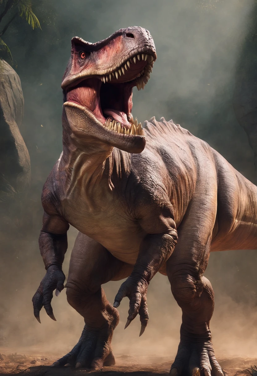 una feroz batalla entre un T-Rex y un triceratops, (La mejor calidad, 4k, Altas Resoluciones, Ultra detallado), Lucha intensa, rugidos y trompetas, Dusty prehistoric landscape, Sombras realistas, vivid colors, (Detallado, intrincado, elaborar) Escamas y texturas de dinosaurios, Dynamic Moves, (feroz, determinado) Expresiones en las caras de dinosaurios, (poderoso, muscular) Cuerpos, dientes afilados y cuernos, (big size ass, imponente) Size, (dramatic, dynamic) luci, (poderoso, energetic) Plantea, (tension, anticipation) En el aire,1 versus 1,sangre,cazando,defendiendose,lucha de vida o muerte,(sin censura)