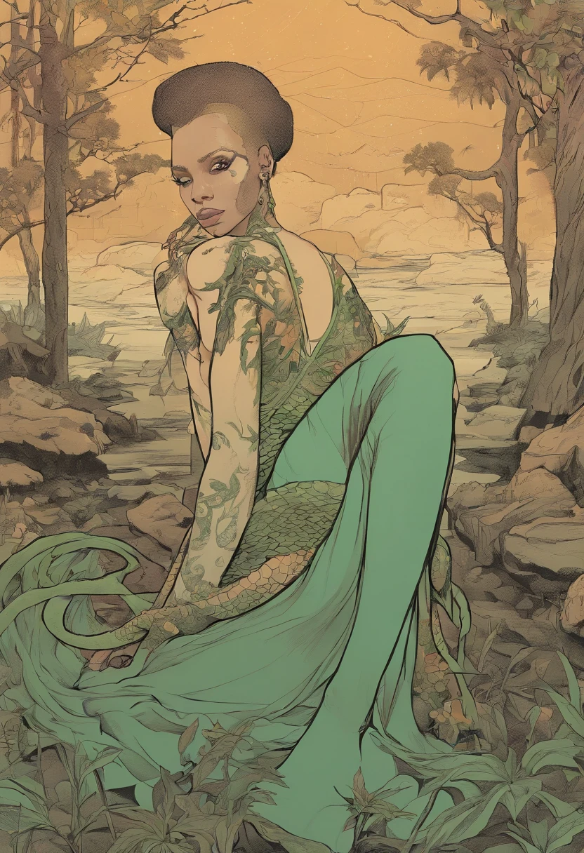Medusa, comic panel, candid,((art style "Sean Gordon Murphy" comic drawing, splash panel)), snake skin dress, (background, pine barrens, entropy, rewilding, magic hour nautical twilight), body drawn in Frederic Delavier musculature anatomical illustration art style, (face, ornate black metal ?????? paint, resembles Grace Jones), silhouette, full body portrait, (body, Naga, snakefolk, lower body snake tail, snake woman hybrid, bald, hairless, skeleton, snake skin tattoos, piercing eyes, snake pupils), craftsmanship nuance, full body portrait, (colors, forest green to earth brown, merge bleak muted deep fiery radiant glowing CMYK hues, (horror, abstract, surreal, body, cosmic), (art style Gerardo Zaffino charcoal), double exposure, optical illusion, nyctophobia, subliminal orchids, unfinished,