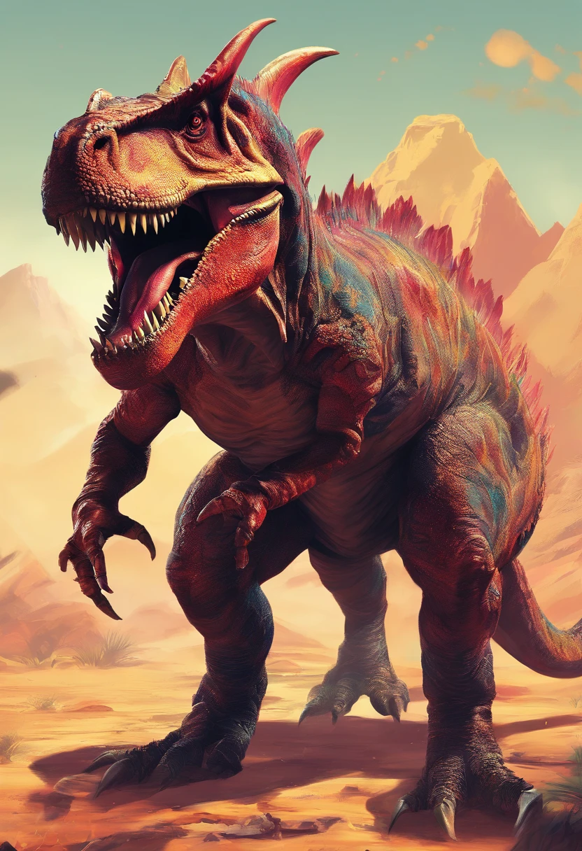 una feroz batalla entre un T-Rex y un triceratops, (La mejor calidad, 4k, Altas Resoluciones, Ultra detallado), Lucha intensa, rugidos y trompetas, Dusty prehistoric landscape, Sombras realistas, vivid colors, (Detallado, intrincado, elaborar) Escamas y texturas de dinosaurios, Dynamic Moves, (feroz, determinado) Expresiones en las caras de dinosaurios, (poderoso, muscular) Cuerpos, dientes afilados y cuernos, (big size ass, imponente) Size, (dramatic, dynamic) luci, (poderoso, energetic) Plantea, (tension, anticipation) En el aire,1 versus 1,sangre,cazando,defendiendose,lucha de vida o muerte,(sin censura)