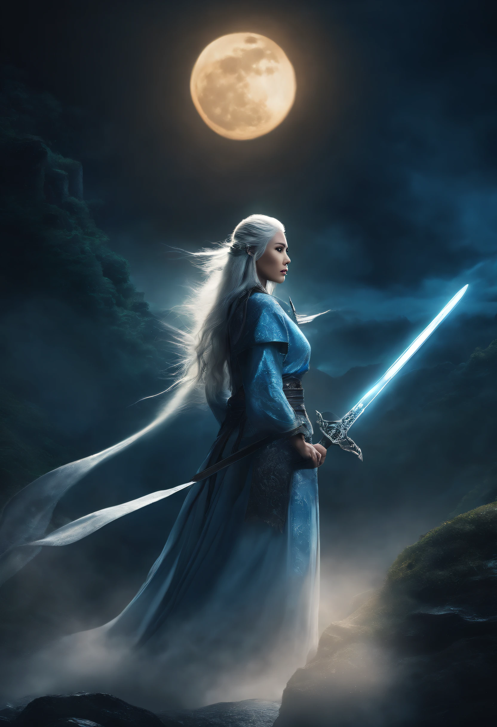 (masterpiece, best quality:1.5), asian woman holding a sword, in the style of dark azure and light azure, mixes realistic and fantastical elements, glassy translucence, vibrant illustrations, vibrant manga, uhd image, ultra realistic, mysterious, fantasy, long straight hair, white hair, head jewelly, glowing sword, void energy thunder sword, night, firefly, sky, cloud, moon, waterfall, bokeh, colorful, highest detailed