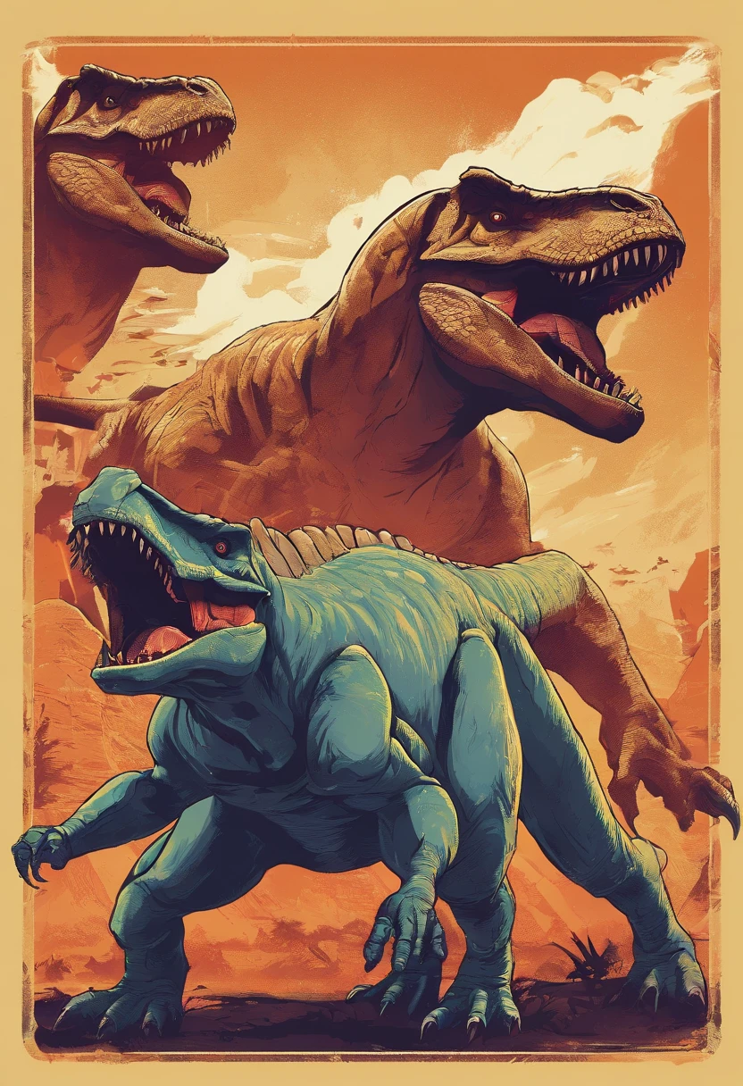 una feroz batalla entre un T-Rex y un triceratops, (La mejor calidad, 4k, Altas Resoluciones, Ultra detallado), Lucha intensa, rugidos y trompetas, Dusty prehistoric landscape, Sombras realistas, vivid colors, (Detallado, intrincado, elaborar) Escamas y texturas de dinosaurios, Dynamic Moves, (feroz, determinado) Expresiones en las caras de dinosaurios, (poderoso, muscular) Cuerpos, dientes afilados y cuernos, (big size ass, imponente) Size, (dramatic, dynamic) luci, (poderoso, energetic) Plantea, (tension, anticipation) En el aire,1 versus 1,sangre,cazando,defendiendose,lucha de vida o muerte,(sin censura)