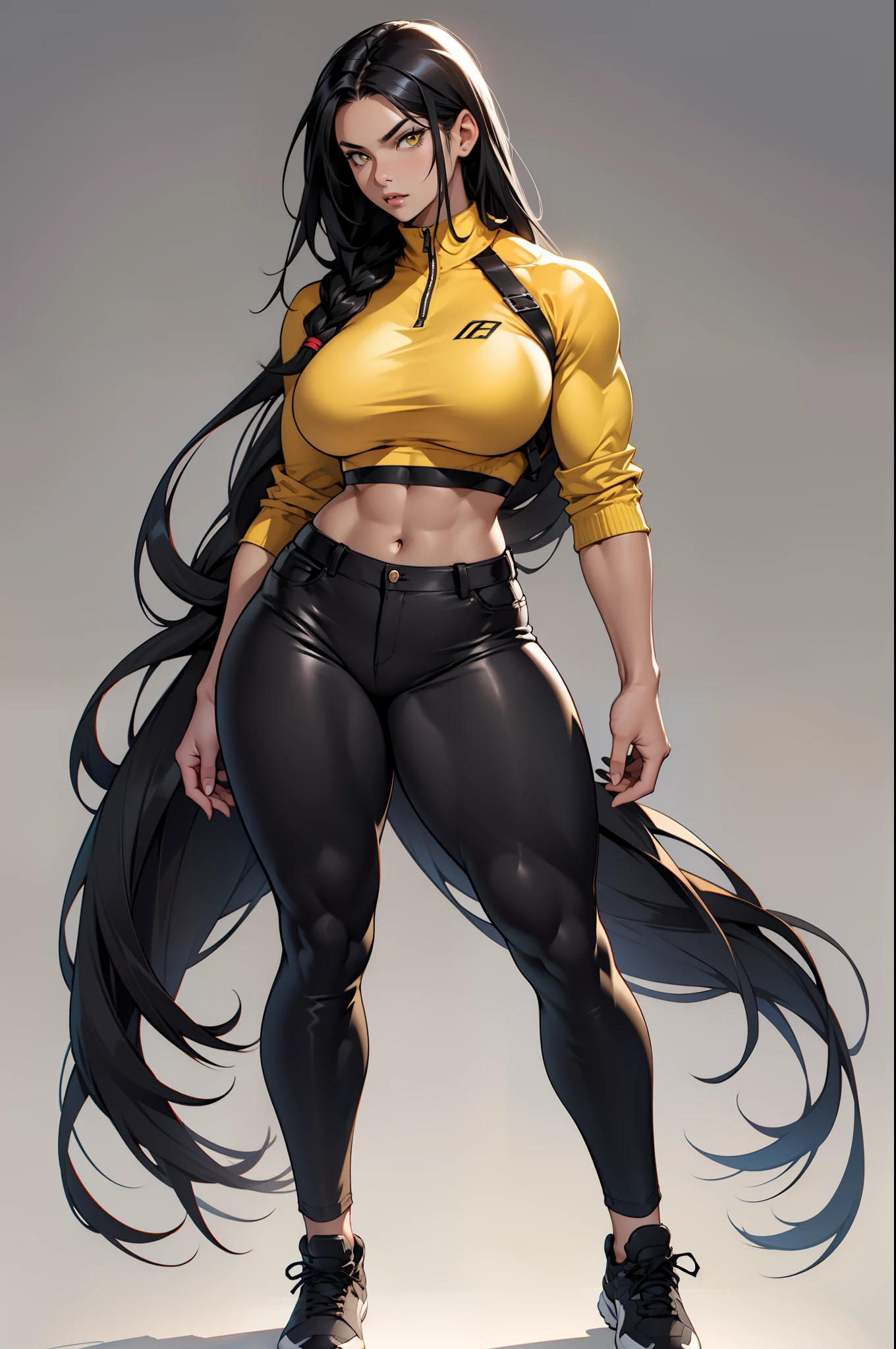 tight pants and crop top, 1 girl, solo, grey background, black hair, yellow eyes, extremely long hair, full body, standing, huge breasts, thick thighs, thin waist, ((extremely muscular))