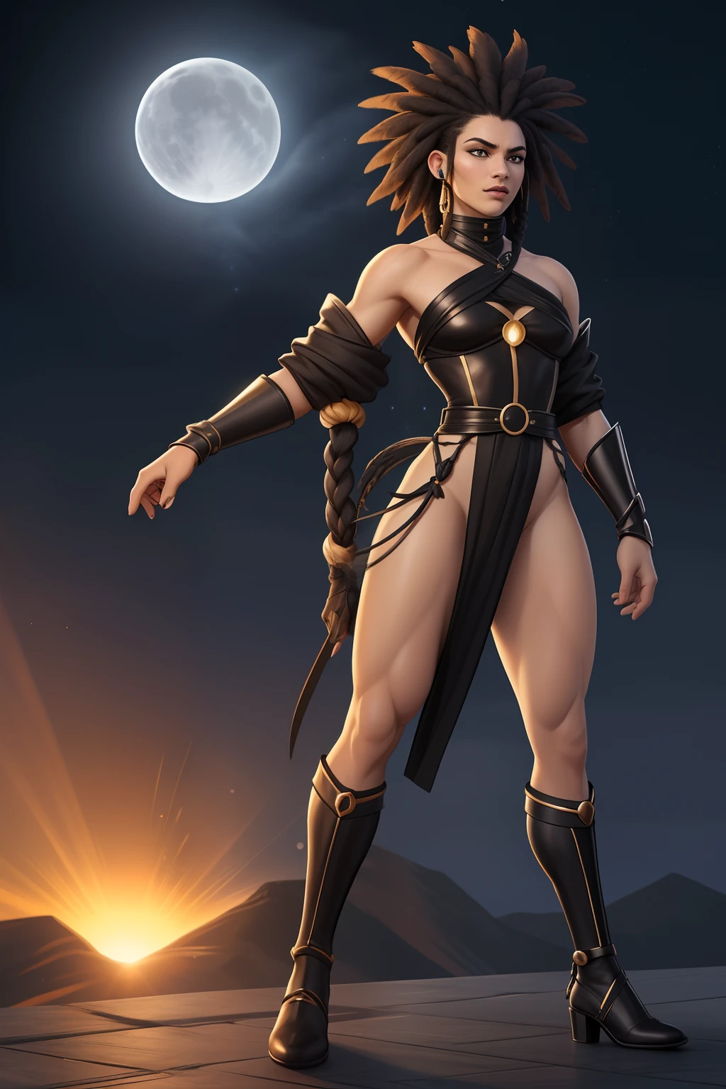 Create an image of a black ninja after an apocalypse in the future, afro cabelo caindo para frente, Rasta type but braided, corpo inteiro, vestindo um traje indiano ribulo africano corpo inteiro, A realistic 4K phoenix with blue orange feathers, dourado, cosmico , with a serious expression and looking forward, corpo inteiro .Olhos firmes, olhando para frente, Lightning in the sky, arms extended, olhando para frente, parado no topo de uma montanha, manto e capa vermelhos, cruz brilhante no ar arte de luz neon, no escuro da noite mares iluminados pela ..lua, nuvem, ..lua, estrelas, Colouring, circunstanciado, 4k ((Estilo Art Vista de Corpo Inteiro, plano completo, vista frontal, Vista lateral, vista traseira, de personagem, Multiple views and poses, various points of view, um personagem, corpo inteiro, personagem com menos, estilo de roupa, no mesmo Estilo de cabelo, less Type of footwear, forte )):: ((whole body view, plano completo, vista frontal, vista traseira, design de personagem, Multiple views and poses, various points of view, de um personagem, corpo inteiro,, personagem com menos, estilo de roupa, no mesmo Estilo de cabelo, less Type of footwear))