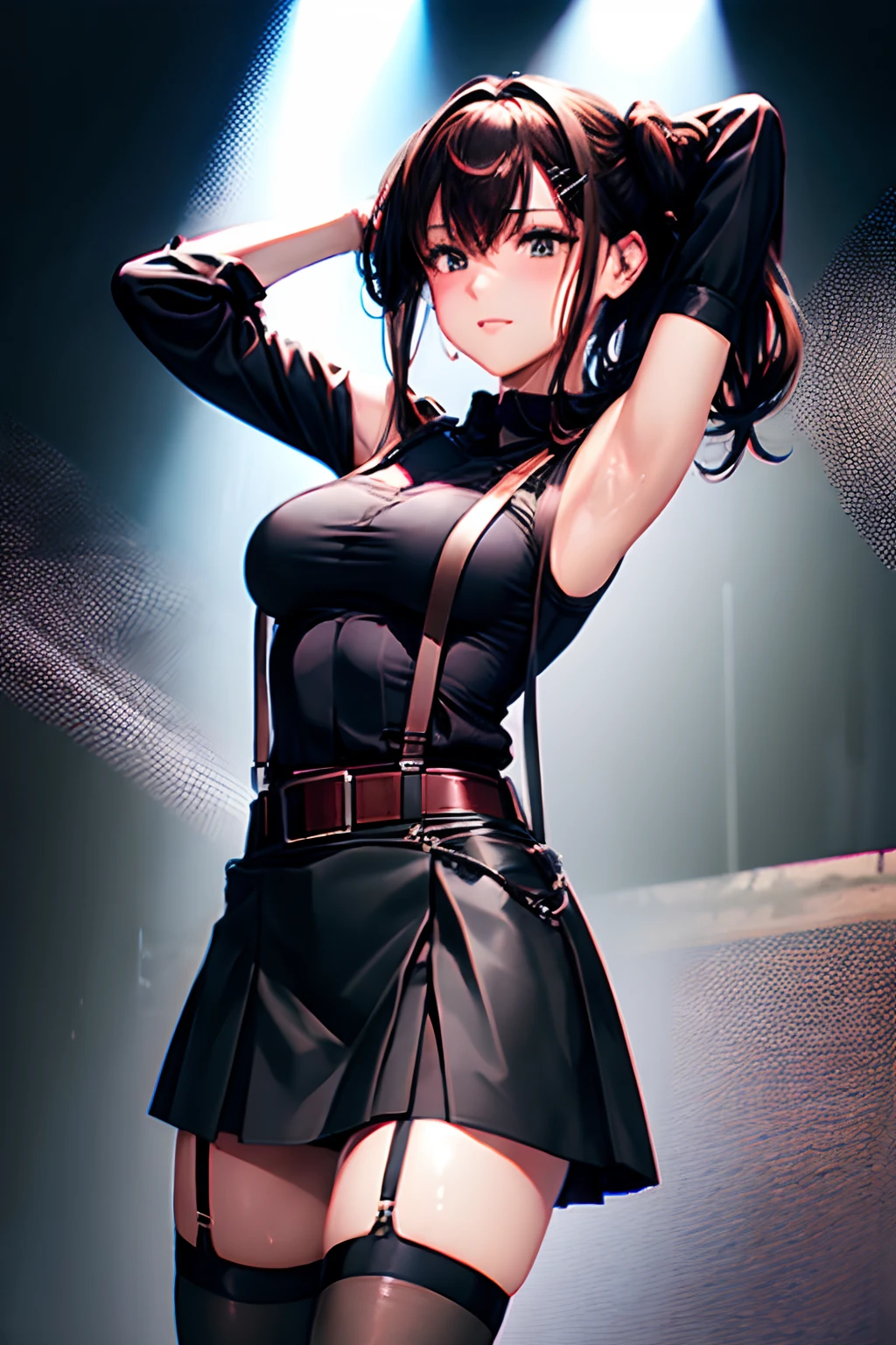 Black skirt, suspenders, Brown hair Gray eyes, Garter belt on the legs, Tight black clothes, a belt Armpit sweat Dark look Moderately breasts holster chain poneyTail Water wetting