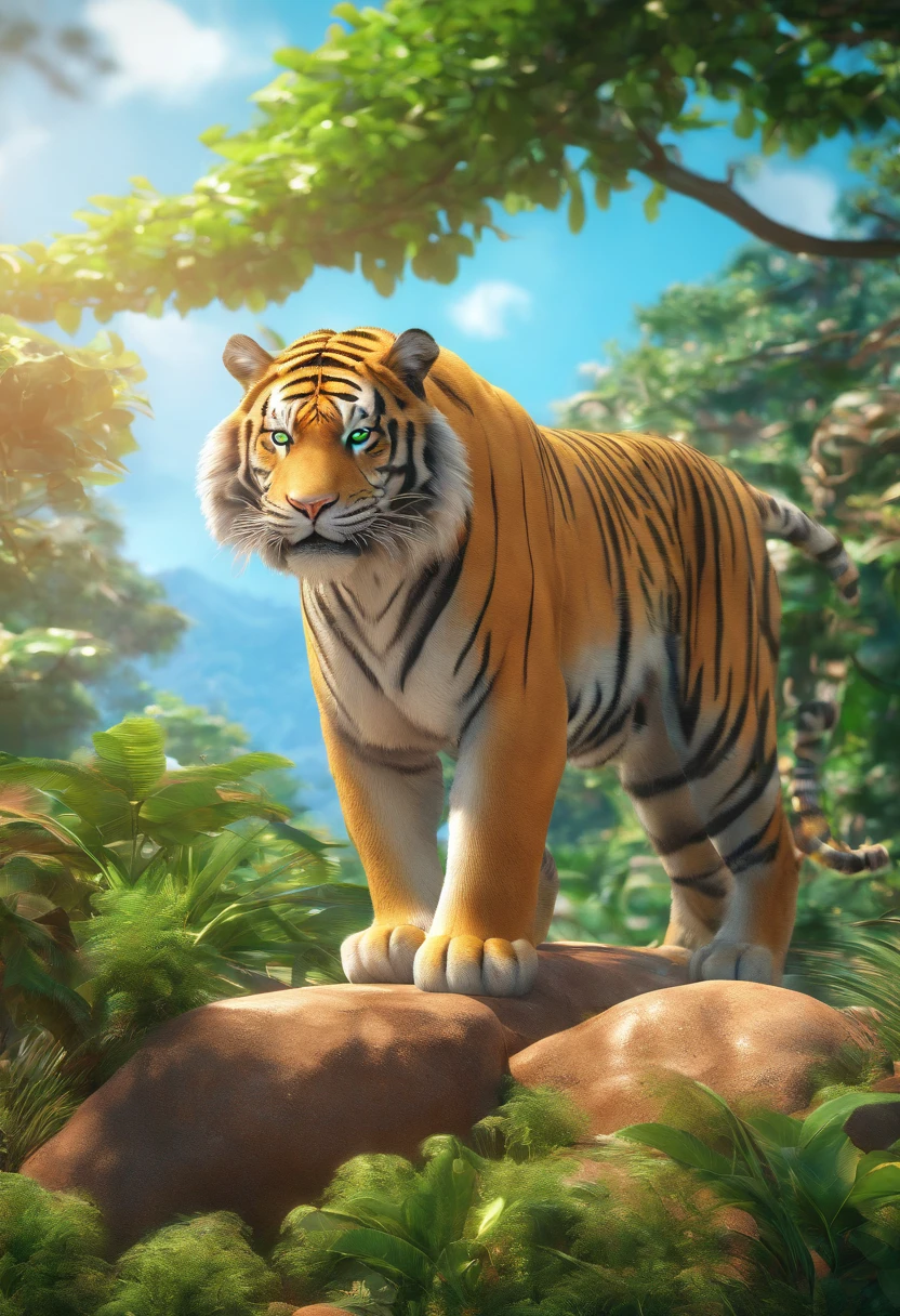 "(melhor qualidade, obra-prima), detalhes ultra-realistas, CG wallpaper with 8K resolution, A magical tiger wearing a green suit and tie, em um ambiente de fantasia com nuvens e floresta densa ao longe