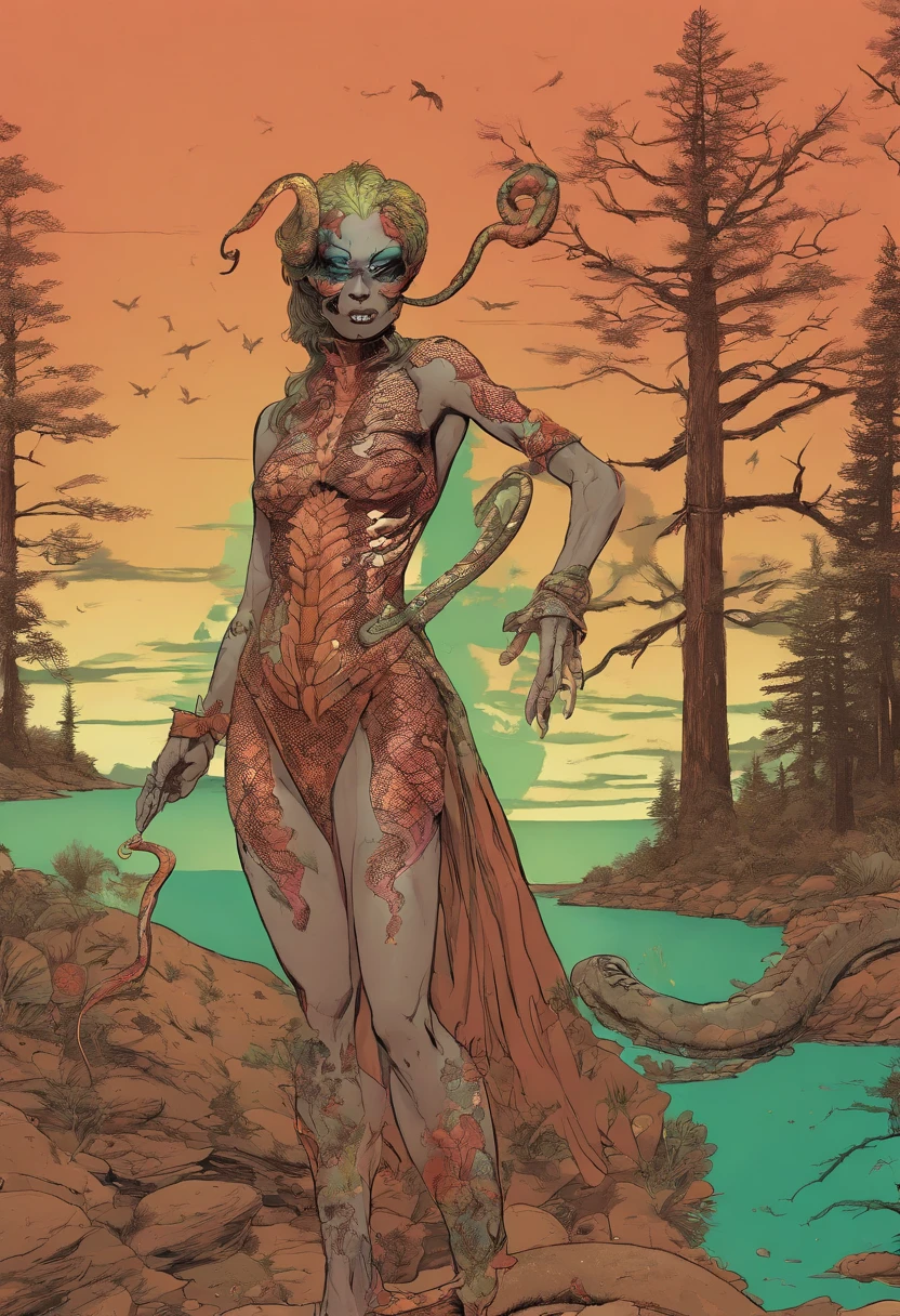 Medusa, comic panel, candid,((art style "Sean Gordon Murphy" comic drawing, splash panel)), snake skin dress, (background, pine barrens, entropy, rewilding, magic hour nautical twilight), body drawn in Frederic Delavier musculature anatomical illustration art style, (face, ornate black metal corpse paint, resembles Grace Jones), silhouette, full body portrait, (body, Naga, snakefolk, lower body snake tail, snake woman hybrid, bald, hairless, skeleton, snake skin tattoos, piercing eyes, snake pupils), craftsmanship nuance, full body portrait, (colors, forest green to earth brown, merge bleak muted deep fiery radiant glowing CMYK hues, (horror, abstract, surreal, body, cosmic), (art style Gerardo Zaffino charcoal), double exposure, optical illusion, nyctophobia, subliminal orchids, unfinished,