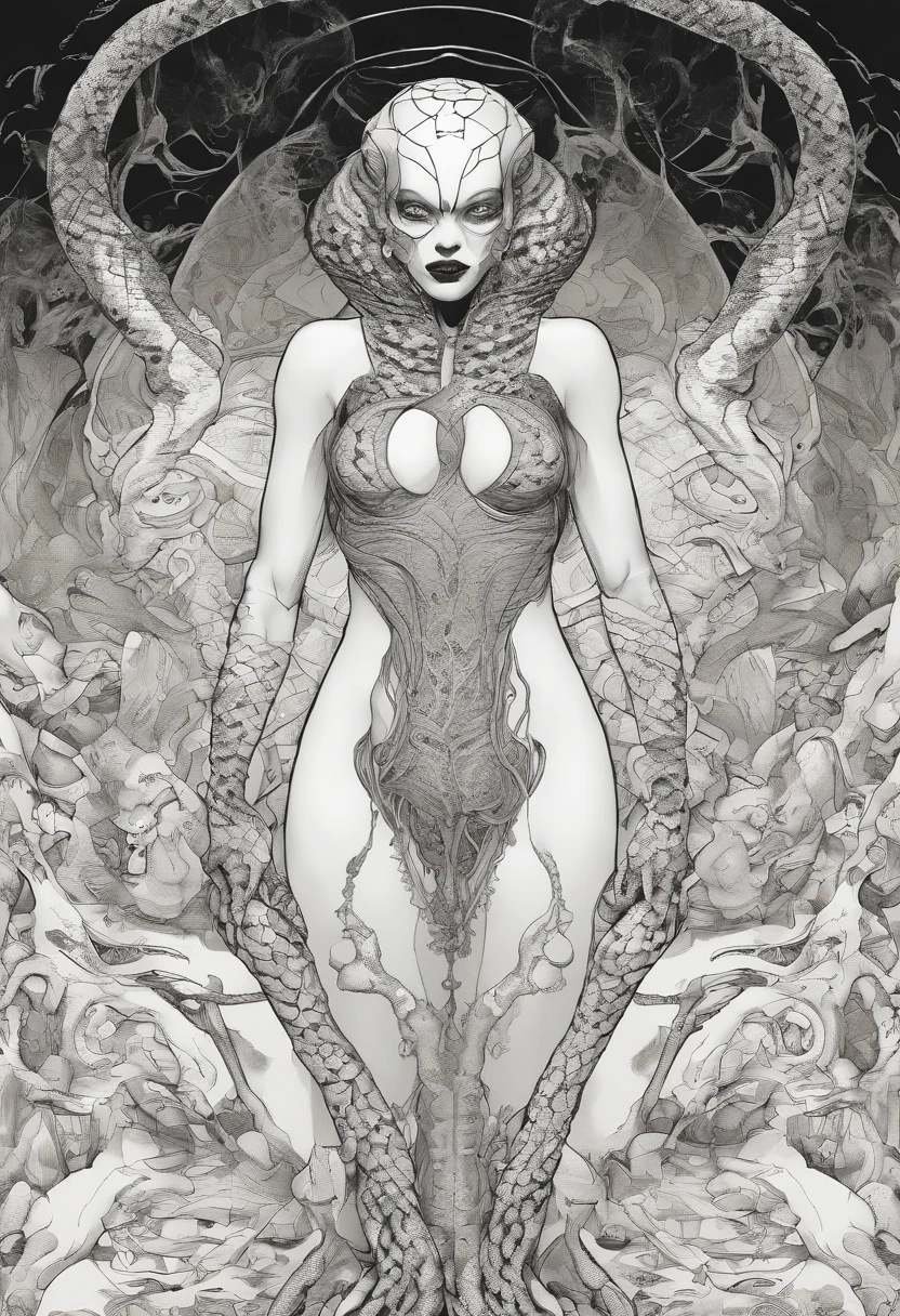 Medusa, comic panel, candid,((art style "Sean Gordon Murphy" comic drawing, splash panel)), snake skin dress, (background, pine barrens, entropy, rewilding, magic hour nautical twilight), body drawn in Frederic Delavier musculature anatomical illustration art style, (face, ornate black metal corpse paint, resembles Grace Jones), silhouette, full body portrait, (body, Naga, snakefolk, lower body snake tail, snake woman hybrid, bald, hairless, skeleton, snake skin tattoos, piercing eyes, snake pupils), craftsmanship nuance, full body portrait, (colors, forest green to earth brown, merge bleak muted deep fiery radiant glowing CMYK hues, (horror, abstract, surreal, body, cosmic), (art style Gerardo Zaffino charcoal), double exposure, optical illusion, nyctophobia, subliminal orchids, unfinished,