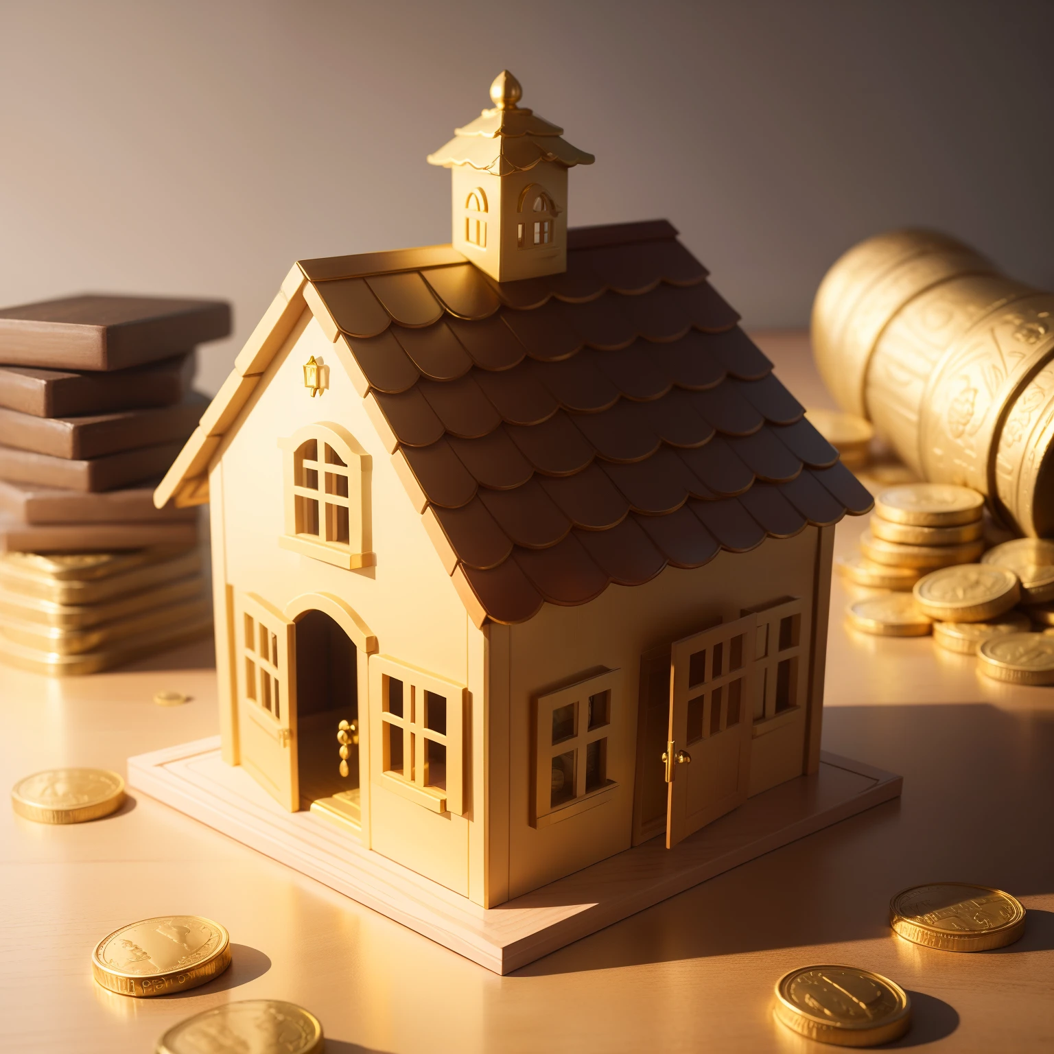 A beautiful toy house sitting besides a pile of gold coins, realistic, ultra high quality