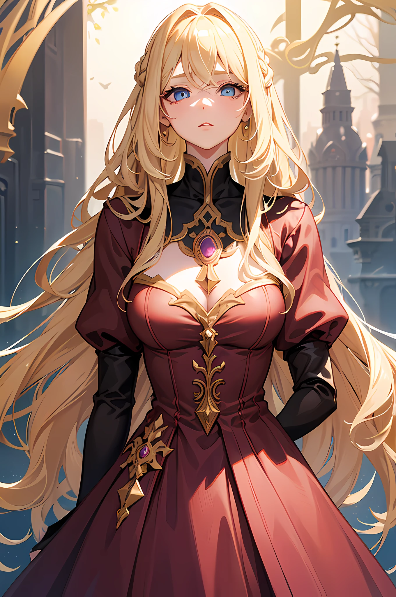 Masterpiece, best quality, girl, blonde hair, long wavy Hair, blue Eyes, facing front, Pink lips, thick eyelashes, Thick eyelids, Sharp Chin, Fantasy dress clothing, brown dress, Normal monochrome background, The body facing the viewer, Upper body only, smiling