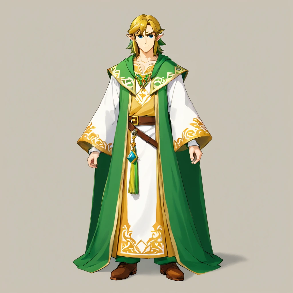 , wearing Scholar Robe, colors are primarily white with green and gold trim and orange, masterpiece, best quality