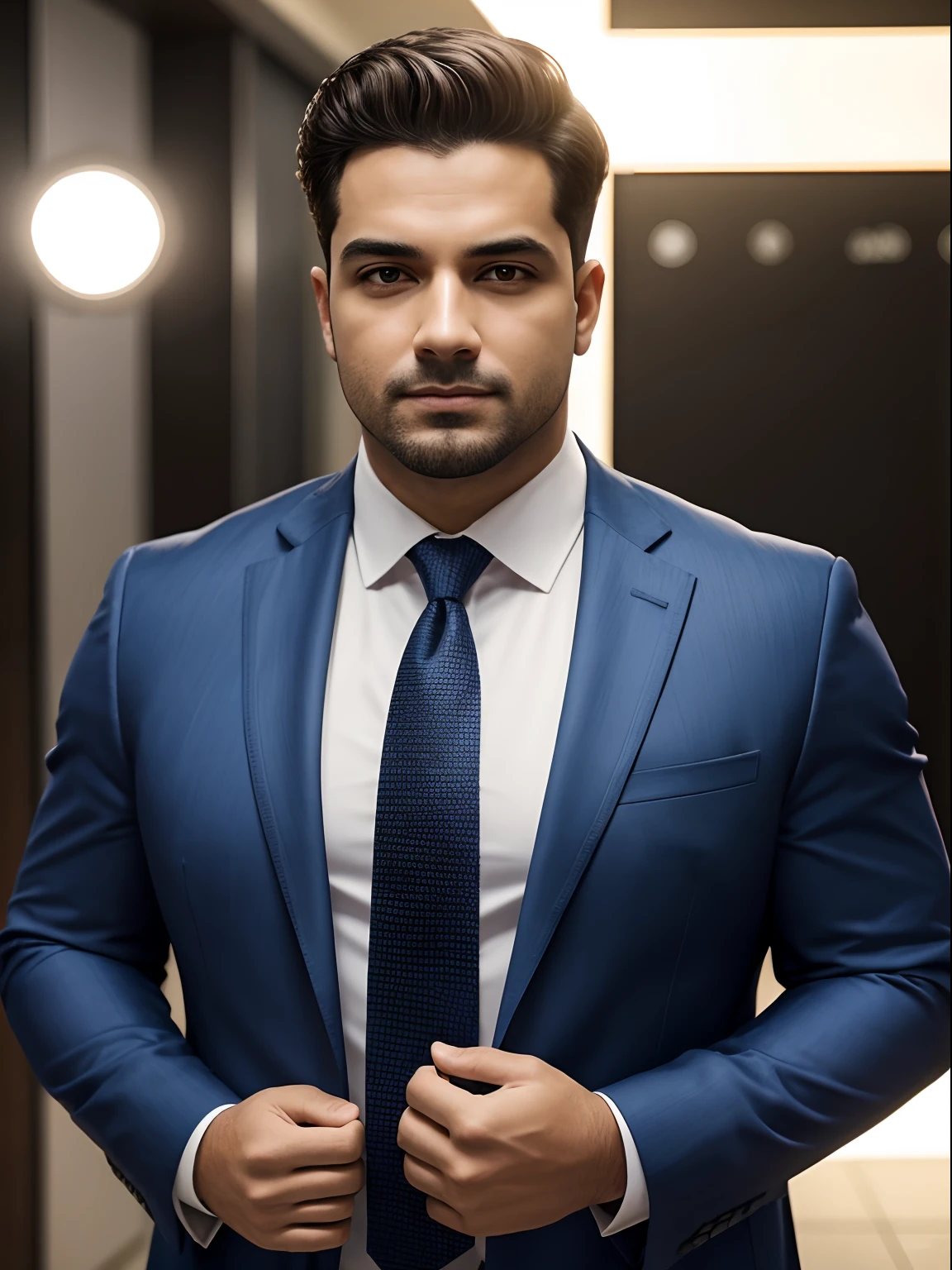 um homem gordo, 90 quilos, standing with 30 years in suit and tie, Body and straight head in the photo, de frente para o espectador da foto, olhos fitos para a lente, Appears shoulders and head in the photo, homem centralizado na foto, 8k, melhor qualidade, obra prima, realista, Foto realista, foto de cinema, Ultra realista, 1 pessoa, detalhado, perfect lighting, DSRL, foto profissional, 4k