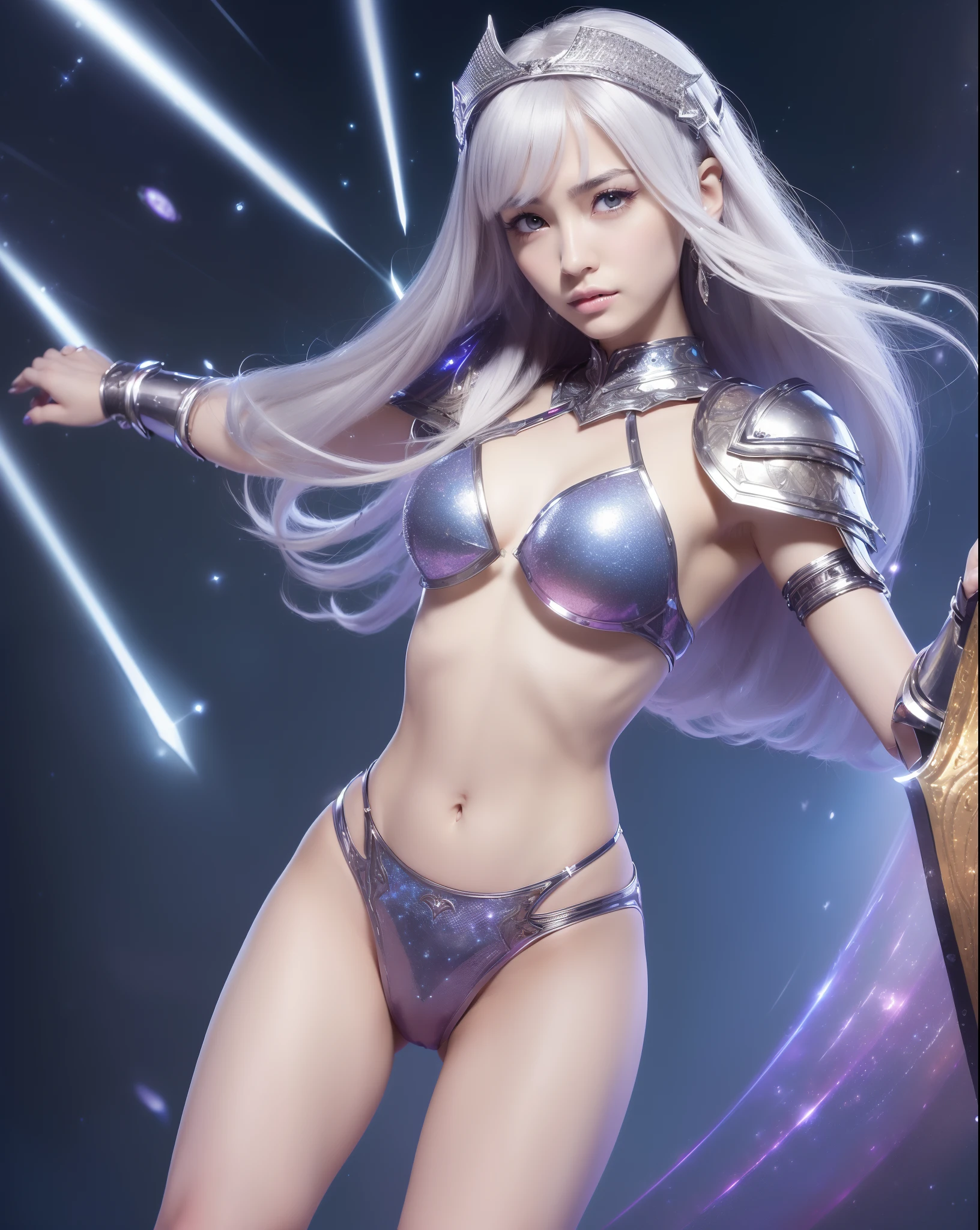 An ultra-high picture quality、(((full body Esbian)))、(((action scene)))、(((combat pose)))、It's a very dark Milky Way、(((colourfull)))、muitoリアルHuman texture、 17 age、((Very cute beautiful Prague slim girl))、((Skin of 17-year-old Caucasian girl with veins showing through))、(((Under the short nose)))、(((no-makeup)))、(((stature:180cm、Head length:20 cm、Leg length:90 cm)))、(((well-muscled)))、Normal shoulder width、(((((Long arms)))))、long subumbilical、((thick and long torso))、Long below the knee、Thin thighs、(((a small face)))、(((small head)))、Natural double eyelids、 (1girl in:1.3), Light persona, Dark Persona, mind control, fractral, ceiling, Artistic background, Geometric, organics, blessings, favor, noble, unfolded, elucidation, antigravity, Antimatter, holy, Sacred, spiritual, Dignified, Luminescent, Holographic, magic cirlcle, photons, scales, Beak,artistic、(((Fanciful))) ,((( brightly colored eyebrows))),(((Ultra high resolution pale silver hair and silky thin shiny eyebrows)))、Super luxury packed with luxury accessories、(((((Very heavy and elaborate armor of very shining reflective iron)))))、(((Extremely elaborate articulated armor)))、(((Very elaborate weapons)))、(((Hair and skin with pores,)))、(((Extremely delicate and brightly colored targets)))、(((Beautiful glowing caucasian woman with bright iris iris eye with ultra high definition pattern)))、I love you,(((Small drooping eyes with a gentle feeling)))、(((very thin eyelashes)))、(((Realistic naked eye)))、High Definition Lip、A Princess、(((Dreams)))、(((Your imagination)))、(Fluffy High Half Twin Tail Hair)、Luxurious Princess Tiara、Luxury Princess Necklace、(((Looking at the camera)))、(((A gaze to look here)))、(((With movement)))、(((valkyrie)))、Navel in a high position、((The sword))、(((magia)))、(((magic circles)))、Innovative configuration、((Time Gate))、Knights、(((Perfectly accurate universe)))、(((Full body armor)))、(((full armor)))、(((Longsword)))、(((fighting spirit)))、(((a navel)))、(((Hard Steel Bikini Armor)))、(((loimu
