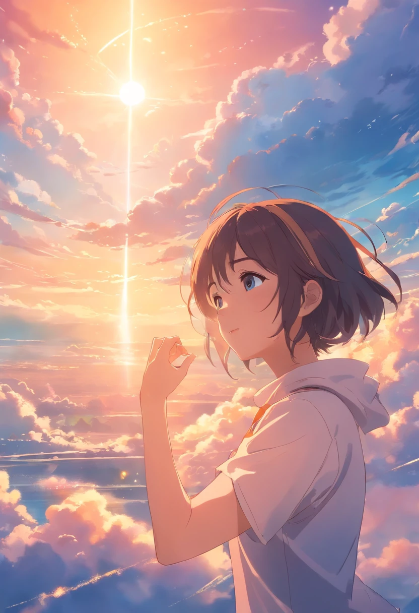masterpiece, best quality, movie still, 1girl, cloud girl, floating in the sky, close-up, bright, happy, warm soft lighting, sunset, (sparks:0.7)