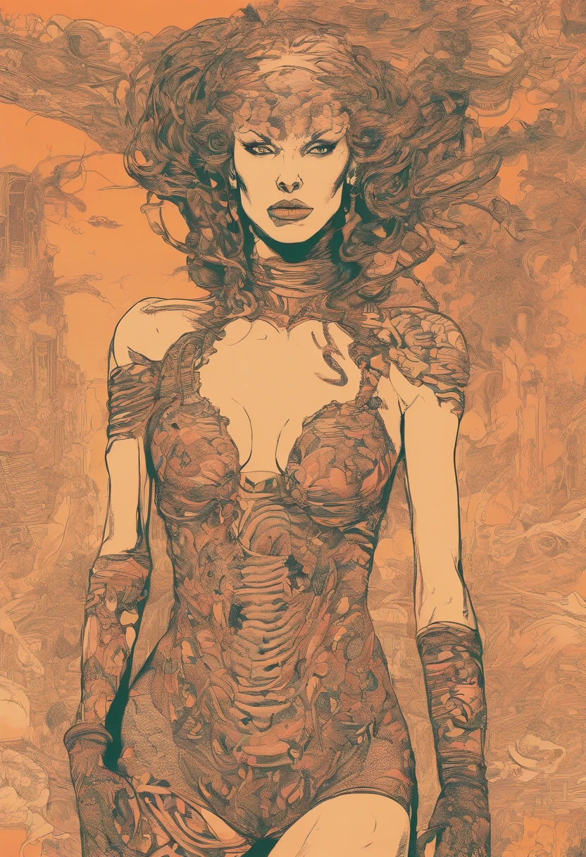 Medusa, comic panel, candid,((art style "Sean Gordon Murphy" comic drawing, splash panel)), snake skin dress, (background, pine barrens, entropy, rewilding, magic hour nautical twilight), body drawn in Frederic Delavier musculature anatomical illustration art style, (face, ornate black metal corpse paint, resembles Grace Jones), silhouette, full body portrait, (body, Naga, snakefolk, lower body snake tail, snake woman hybrid, bald, hairless, skeleton, snake skin tattoos, piercing eyes, snake pupils), craftsmanship nuance, full body portrait, (colors, forest green to earth brown, merge bleak muted deep fiery radiant glowing CMYK hues, (horror, abstract, surreal, body, cosmic), (art style Gerardo Zaffino charcoal), double exposure, optical illusion, nyctophobia, subliminal orchids, unfinished,