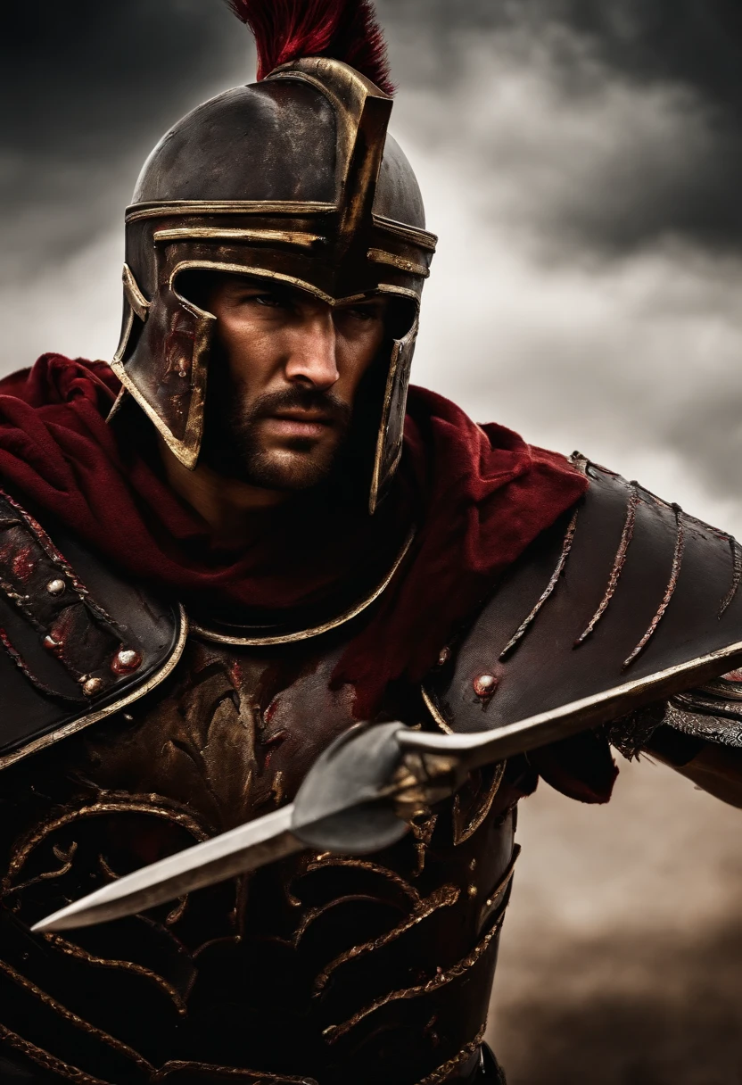 spartan warrior, fighting , bloody armor, epic, black background