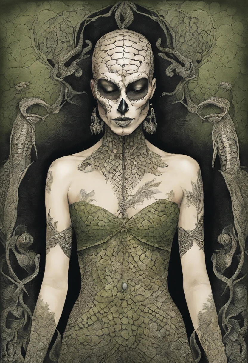 Medusa, comic panel, candid,((art style "Sean Gordon Murphy" comic drawing, splash panel)), snake skin dress, (background, pine barrens, entropy, rewilding, magic hour nautical twilight), body drawn in Frederic Delavier musculature anatomical illustration art style, (face, ornate black metal corpse paint, resembles Grace Jones), silhouette, full body portrait, (body, Naga, snakefolk, lower body snake tail, snake woman hybrid, bald, hairless, skeleton, snake skin tattoos, piercing eyes, snake pupils), craftsmanship nuance, full body portrait, (colors, forest green to earth brown, merge bleak muted deep fiery radiant glowing CMYK hues, (horror, abstract, surreal, body, cosmic), (art style Gerardo Zaffino charcoal), double exposure, optical illusion, nyctophobia, subliminal orchids, unfinished,