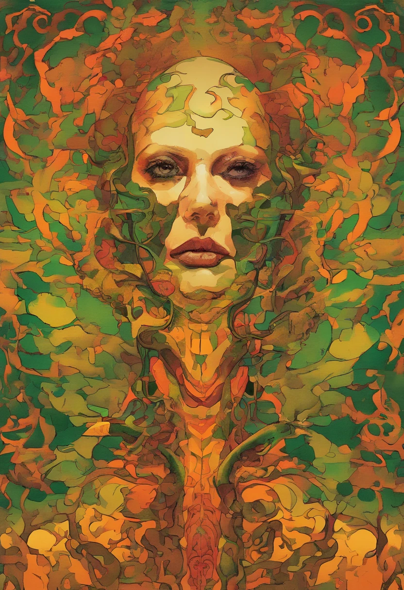 Medusa, comic panel, candid,((art style "Sean Gordon Murphy" comic drawing, splash panel)), snake skin dress, (background, pine barrens, entropy, rewilding, magic hour nautical twilight), body drawn in Frederic Delavier musculature anatomical illustration art style, (face, ornate black metal ?????? paint, resembles Grace Jones), silhouette, full body portrait, (body, Naga, snakefolk, lower body snake tail, snake woman hybrid, bald, hairless, skeleton, snake skin tattoos, piercing eyes, snake pupils), craftsmanship nuance, full body portrait, (colors, forest green to earth brown, merge bleak muted deep fiery radiant glowing CMYK hues, (horror, abstract, surreal, body, cosmic), (art style Gerardo Zaffino charcoal), double exposure, optical illusion, nyctophobia, subliminal orchids, unfinished,