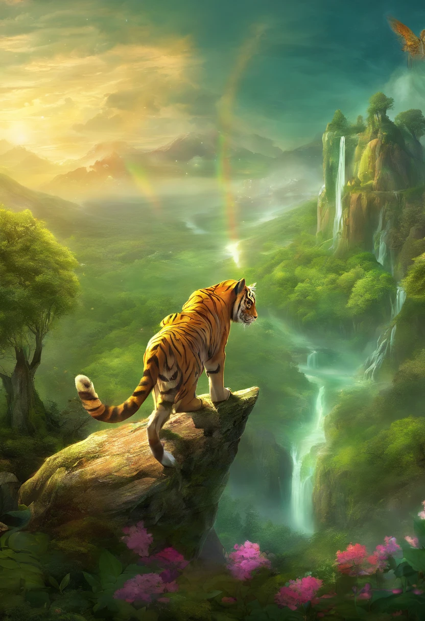 (​masterpiece, top-quality, Official art:1.2)Look at view, bikini, tiger and girl, Tiger painting, A flash of light runs, Colorful water levitation(2D:1.5),