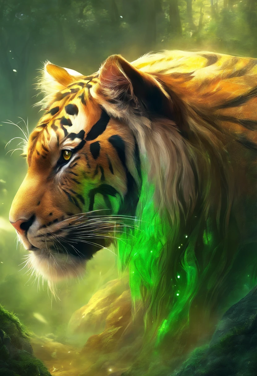 "(melhor qualidade, obra-prima), detalhes ultra-realistas, CG wallpaper with 8K resolution, A magical tiger wearing a green suit and tie, em um ambiente de fantasia com nuvens e floresta densa ao longe
