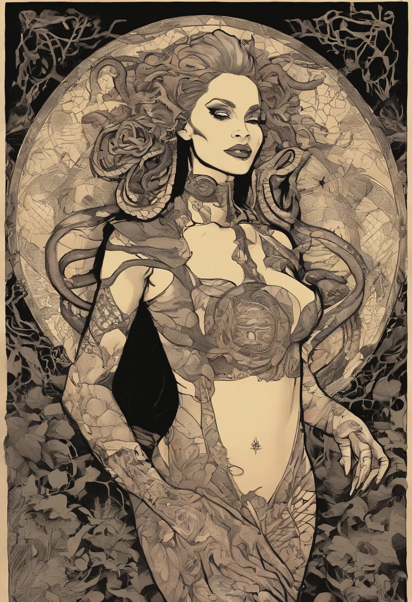 Medusa, comic panel, candid,((art style "Sean Gordon Murphy" comic drawing, splash panel)), snake skin dress, (background, pine barrens, entropy, rewilding, magic hour nautical twilight), body drawn in Frederic Delavier musculature anatomical illustration art style, (face, ornate black metal corpse paint, resembles Grace Jones), silhouette, full body portrait, (body, Naga, snakefolk, lower body snake tail, snake woman hybrid, bald, hairless, skeleton, snake skin tattoos, piercing eyes, snake pupils), craftsmanship nuance, full body portrait, (colors, forest green to earth brown, merge bleak muted deep fiery radiant glowing CMYK hues, (horror, abstract, surreal, body, cosmic), (art style Gerardo Zaffino charcoal), double exposure, optical illusion, nyctophobia, subliminal orchids, unfinished,